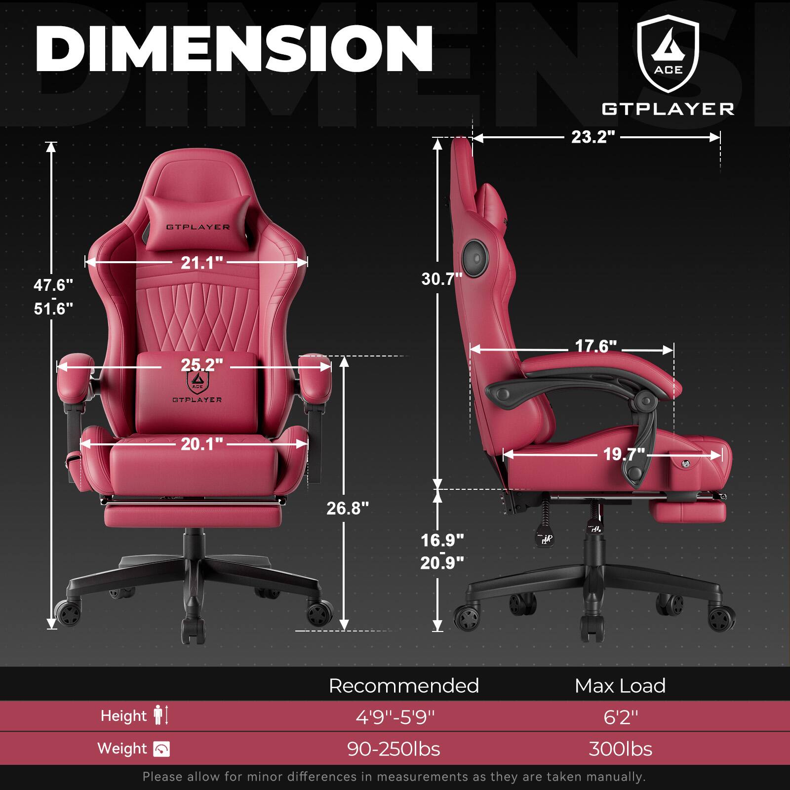 **DIMENSION**

- GTPLAYER
  - Width: 23.2"
  - Height: 30.7"
  - Depth: 17.6"
  - Seat Height: 16.9"
  - Seat Depth: 20.9"
  - Armrest Height: 19.7"
  - Back Height: 30.7"
  - Back Width: 23.2"
  - Seat Width: 20.1"
  - Seat Depth: 26.8"
  - Overall Height: 51.6"
  - Overall Width: 47.6"
  - Overall Depth: 25.2"

**Recommended Max Load**
- Height: 4'9" - 5'9"
- Weight: 90-250lbs

**Max Load**
- Height: 6'2"
- Weight: 300lbs

Please allow for minor differences in measurements as they are taken manually.