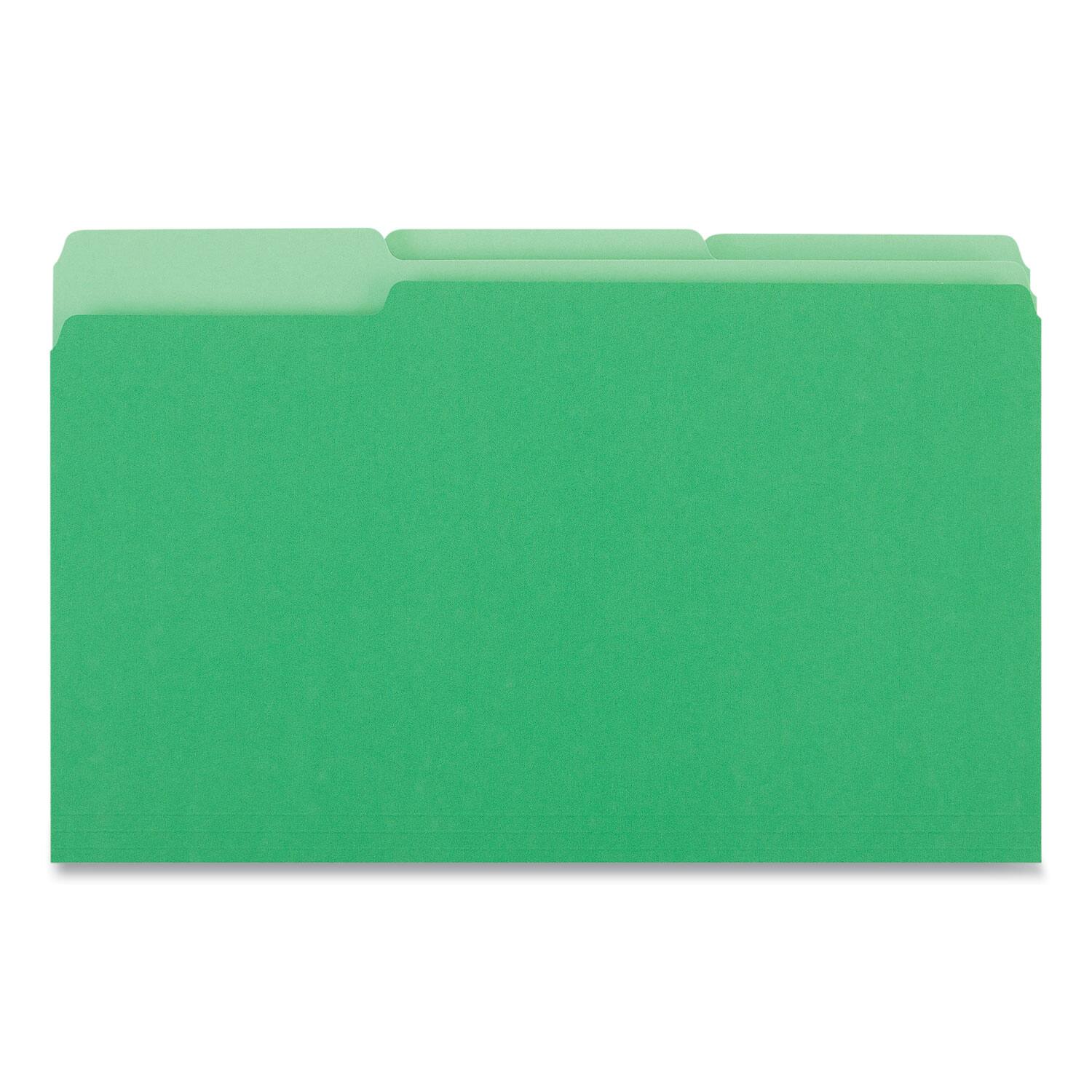 Left. Universal - Deluxe Colored Top Tab File Folders, 1/3-Cut Tabs: Assorted, Legal Size, Bright Green/Light Green, 100/Box.