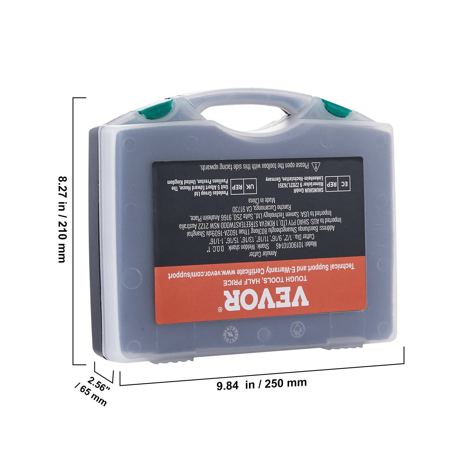 Sure, here is the corrected and grouped text:

---

**Product Information:**

- **Model:** 10190010146
- **Type:** Annular Cutter
- **Shank Size:** 1-1/16" (15/16")
- **Diameter:** 13/16" (9.84 in / 250 mm)
- **Length:** 8.27 in / 210 mm
- **Width:** 2.56 in / 65 mm

**Technical Support and Warranty:**

- **Website:** www.vevor.com/support
- **Certificate:** E-Warranty

**Company Information:**

- **Manufacturer:** VEVOR
- **Address:** 1602A-1609 Shi 11hao, Baoshangu, Shanghai, China
- **Phone:** +86 21 5778 2222
- **Email:** info@vevor.com

**Additional Details:**

- **Made in China**
- **Imported by:** ROKEVA LTD PTY, Australia
- **Address:** 2122 MS