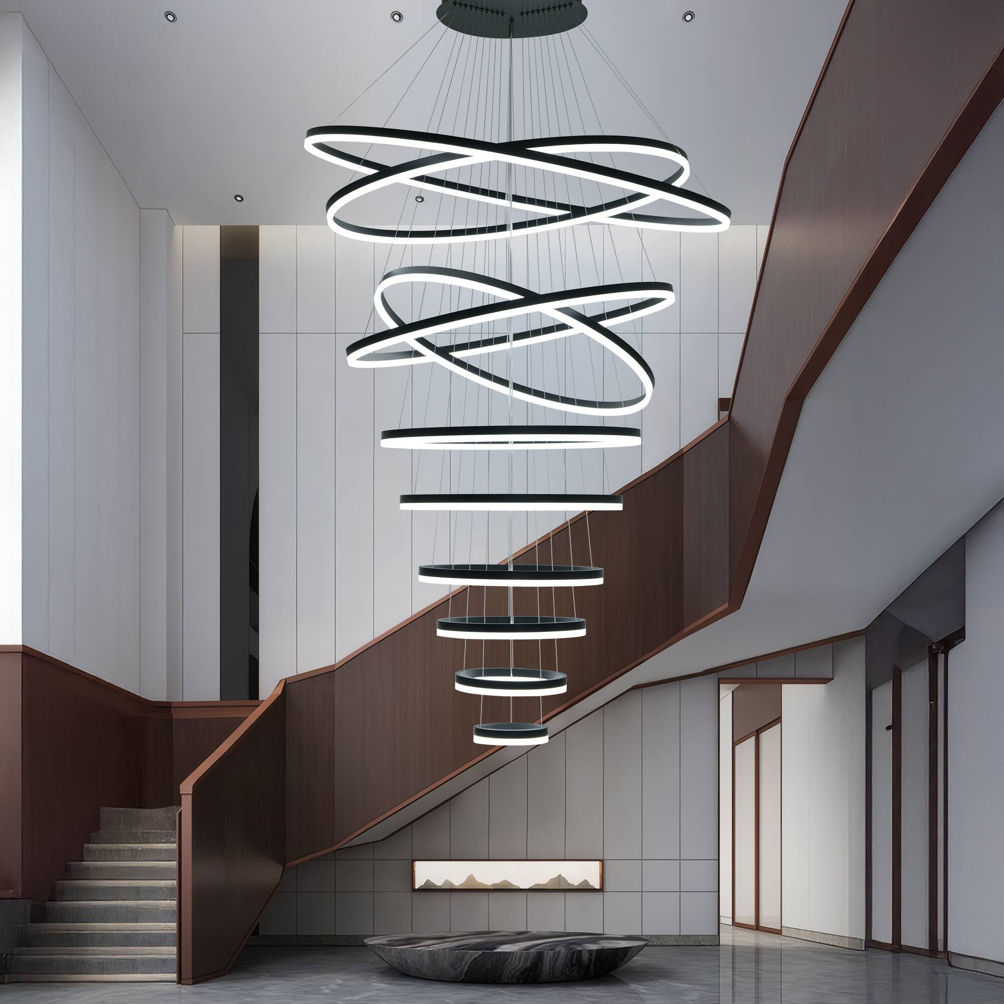 Angle. RYHNUYNE - 10-Ring Modern LED Chandelier with Remote Adjustable Height Dimmable Pendant Light for High Ceilings Foyer Living Room - Black.