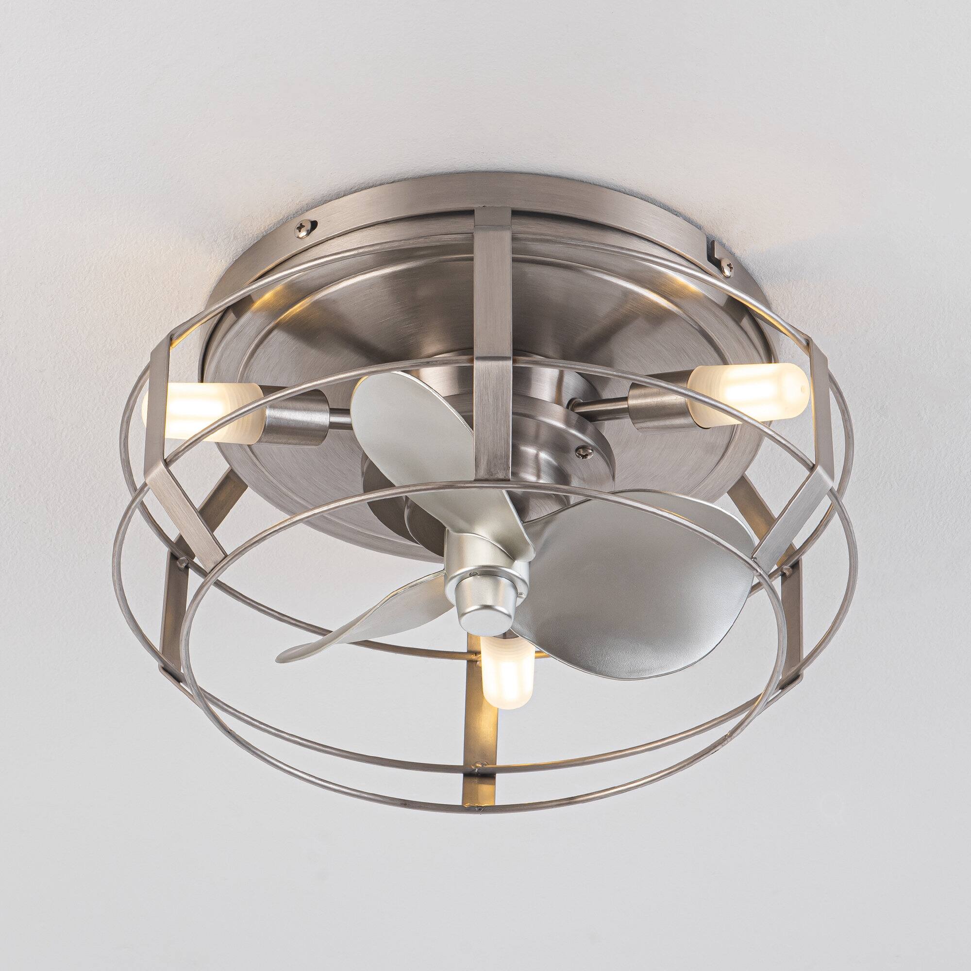 Alt View 6. Parrot Uncle - 12.2" Industrial Metal Caged Flush Mount Ceiling Fan with Light - Nickel.