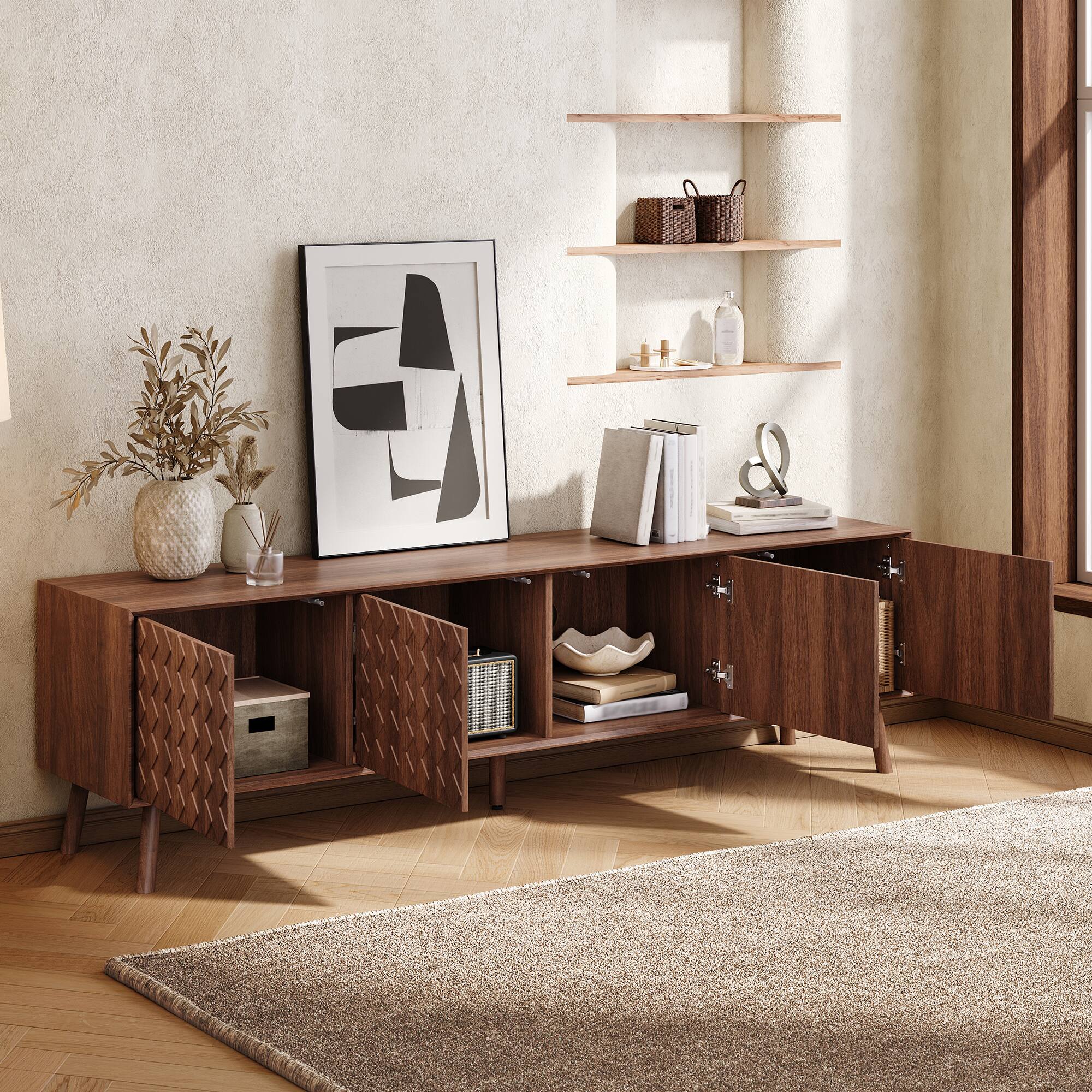 Back. MERAVOM - Mid-Century Modern TV Stand for TVs Up to 80", 70 Inch Entertainment Center with Storage Cabinets for Living Room - Walnut.