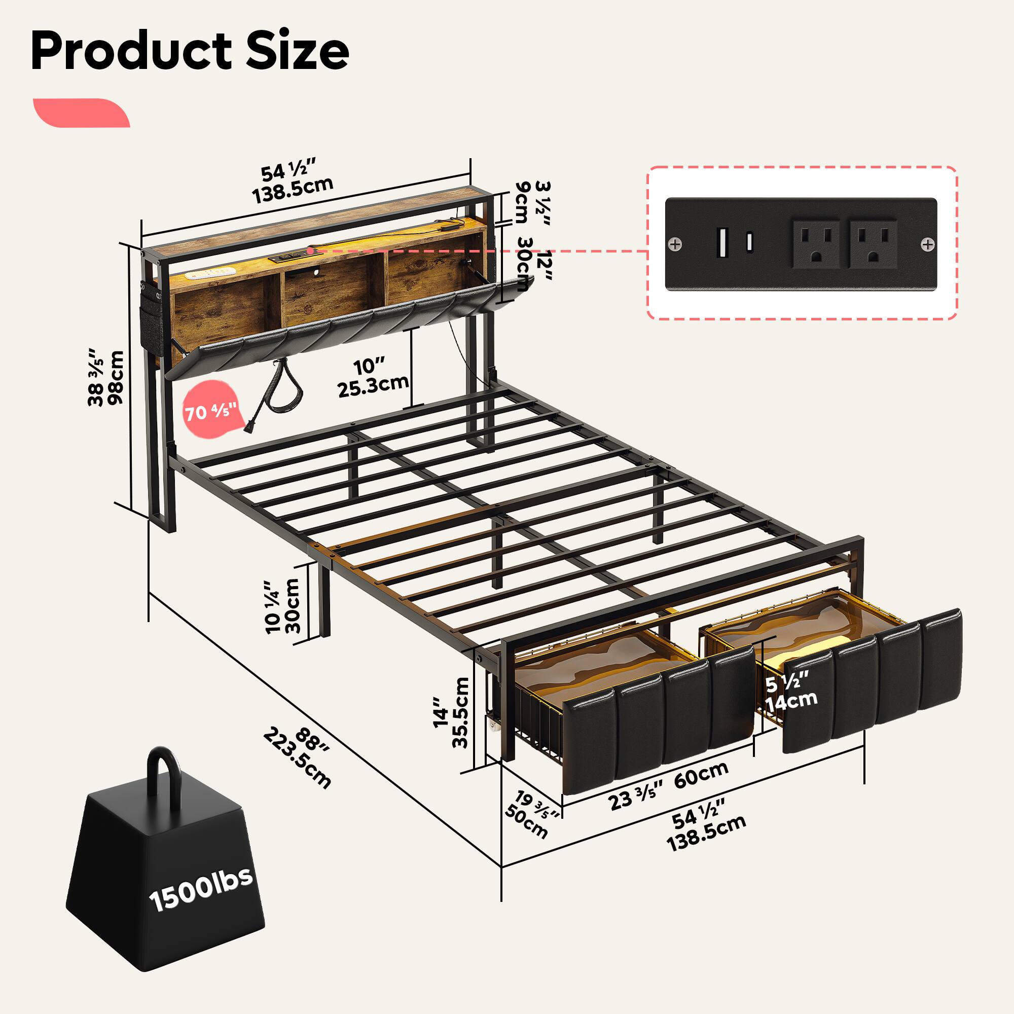 Product Size: 54 1/2" (138.5cm), 3 9cm (30cm), 10" (25.3cm), 70 4/s" (19 50cm), 10" (30cm), 22 3/4" (54 1/2" 138.5cm), 1500lbs, 14" (35.5cm), 23 1/2" (60cm)