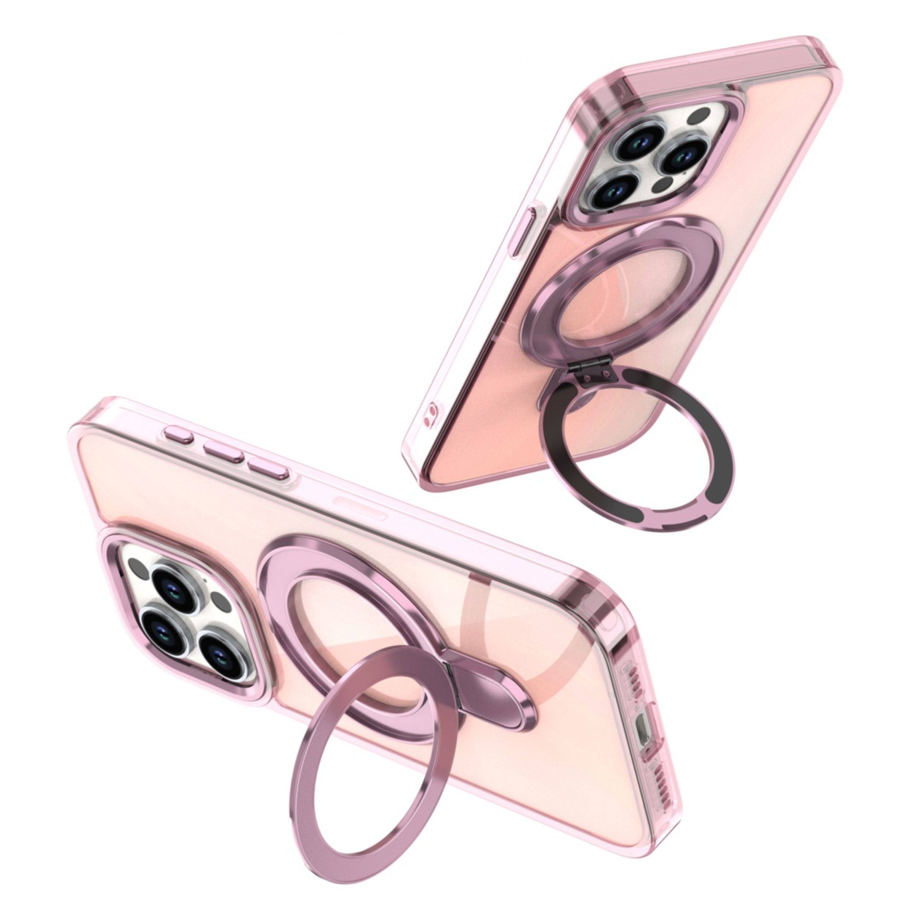 Angle. Kitcheniva - Radiant Chrome Magnet Circle Stand Phone Case With 2 Pcs Tempered Glass For iPhone 15 Pro Max Light Pink - Light Pink.