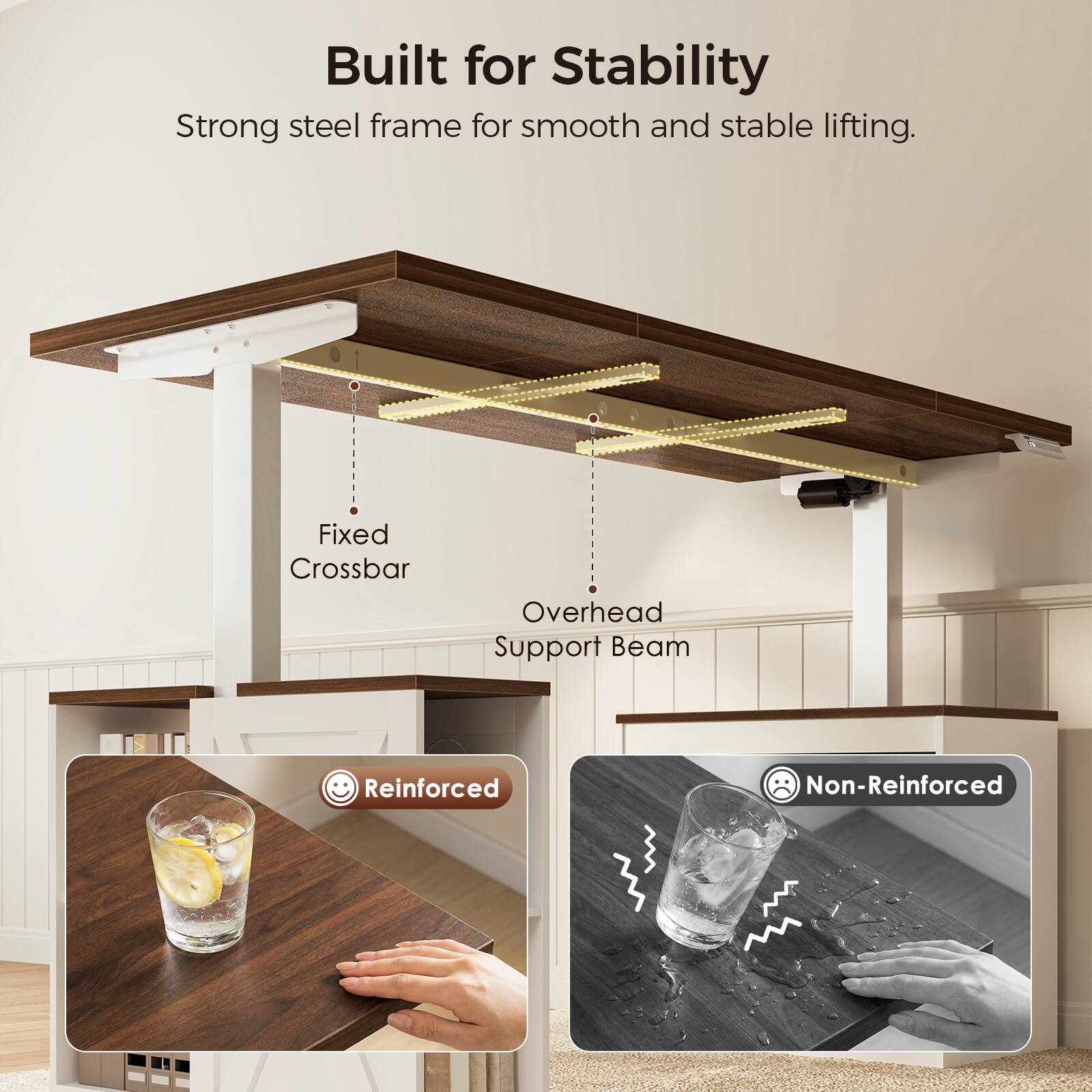Built for Stability  
Strong steel frame for smooth and stable lifting.  
Fixed Crossbar  
Overhead Support Beam  
Reinforced  
Non-Reinforced