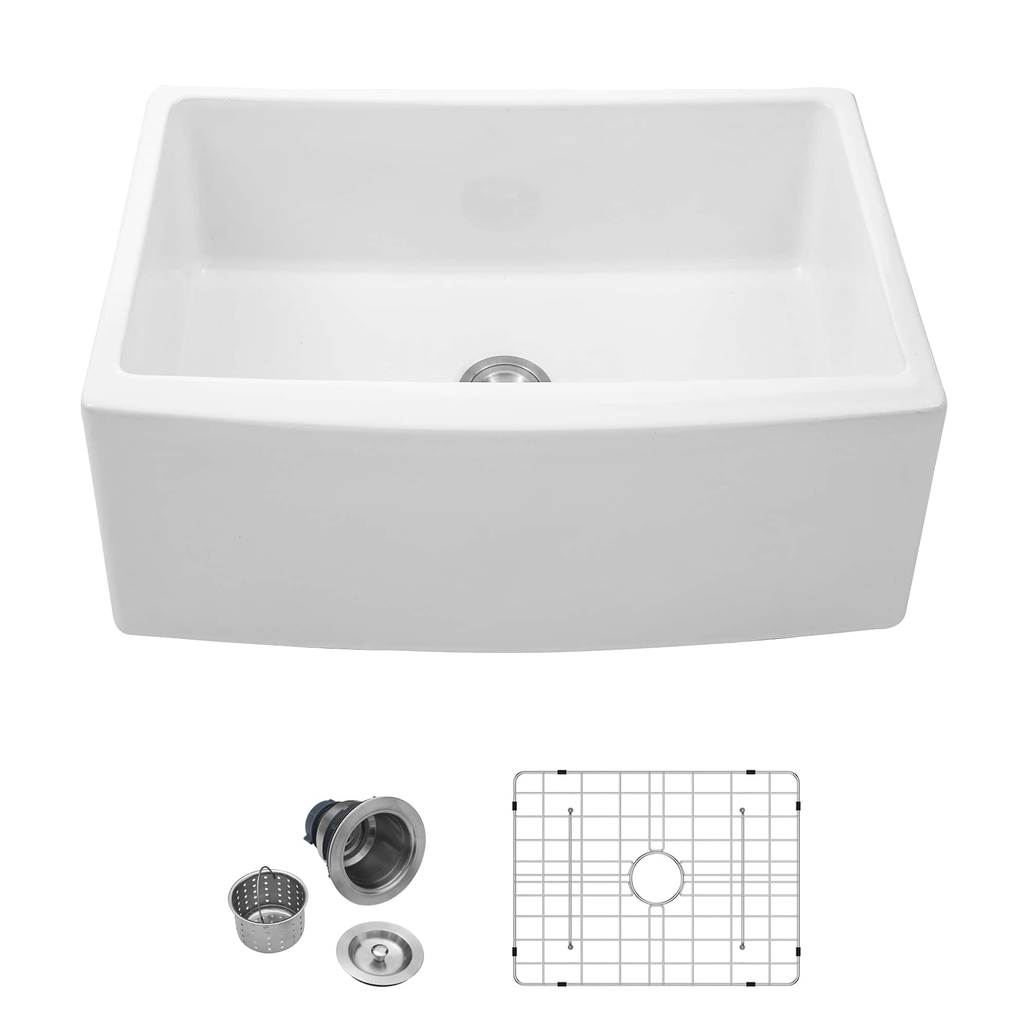 APRILSOUL - Farmhouse Sink - 24 x 19 x 10 inch Kitchen Sink Ceramic Arch Edge Apron Front Single Bowl Farm Kitchen Sinks - White