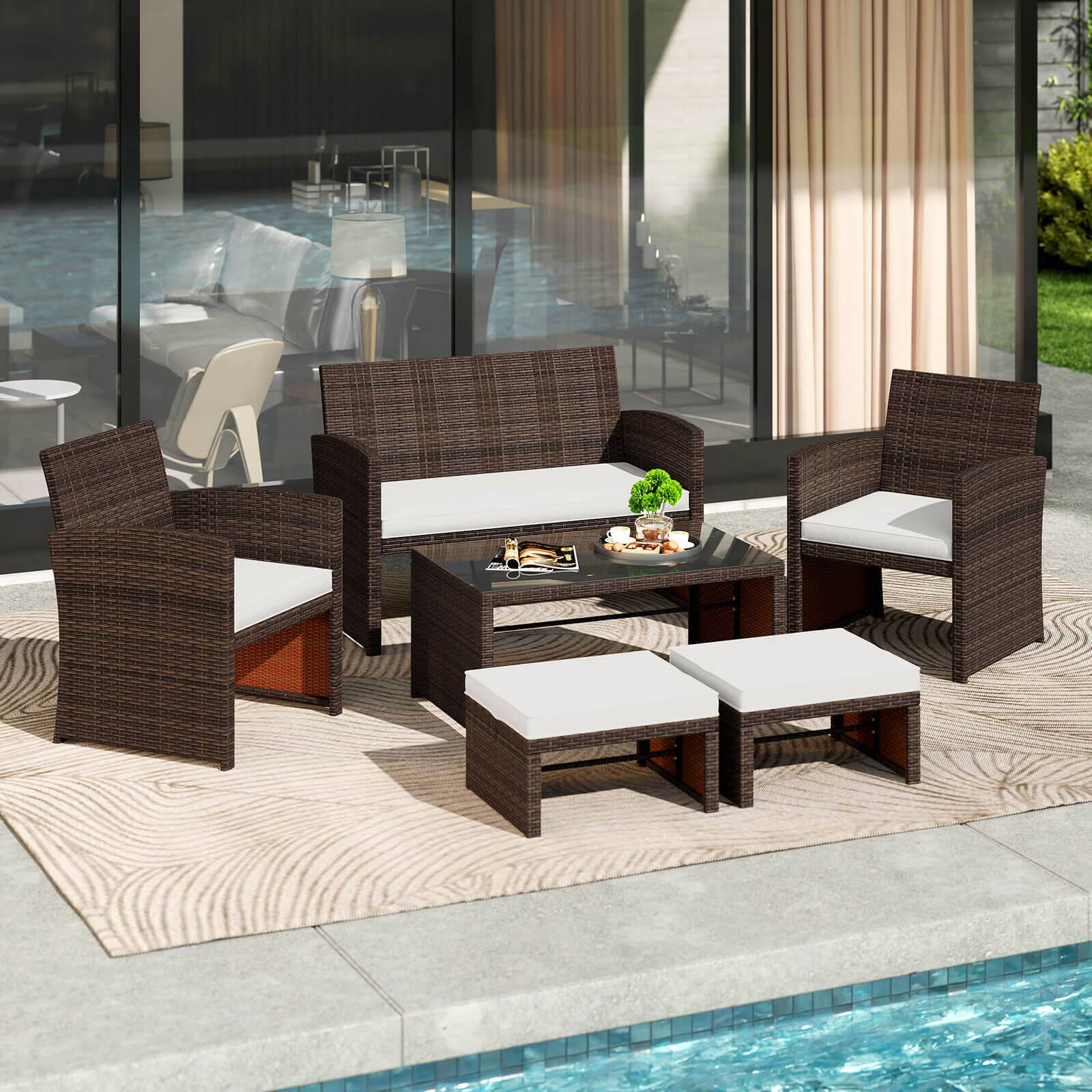 Alt View 3. Gymax - Gymax 6 PCS Patio Furniture Set w/ 1 Loveseat 1 Coffee Table 2 Armchairs 2 Ottomans White - Mix Brown, White.