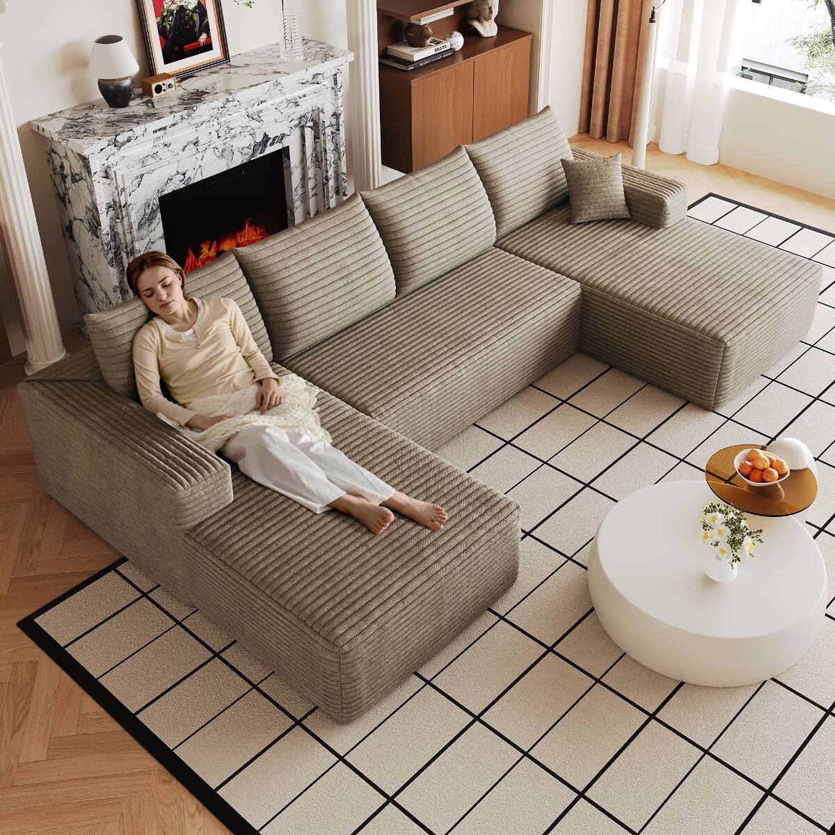 Angle. Ropilly - Ropilly Cloud Sectional Sofa, U Shaped Deep Seat Couch in Camel Corduroy for Living Room - Camel.