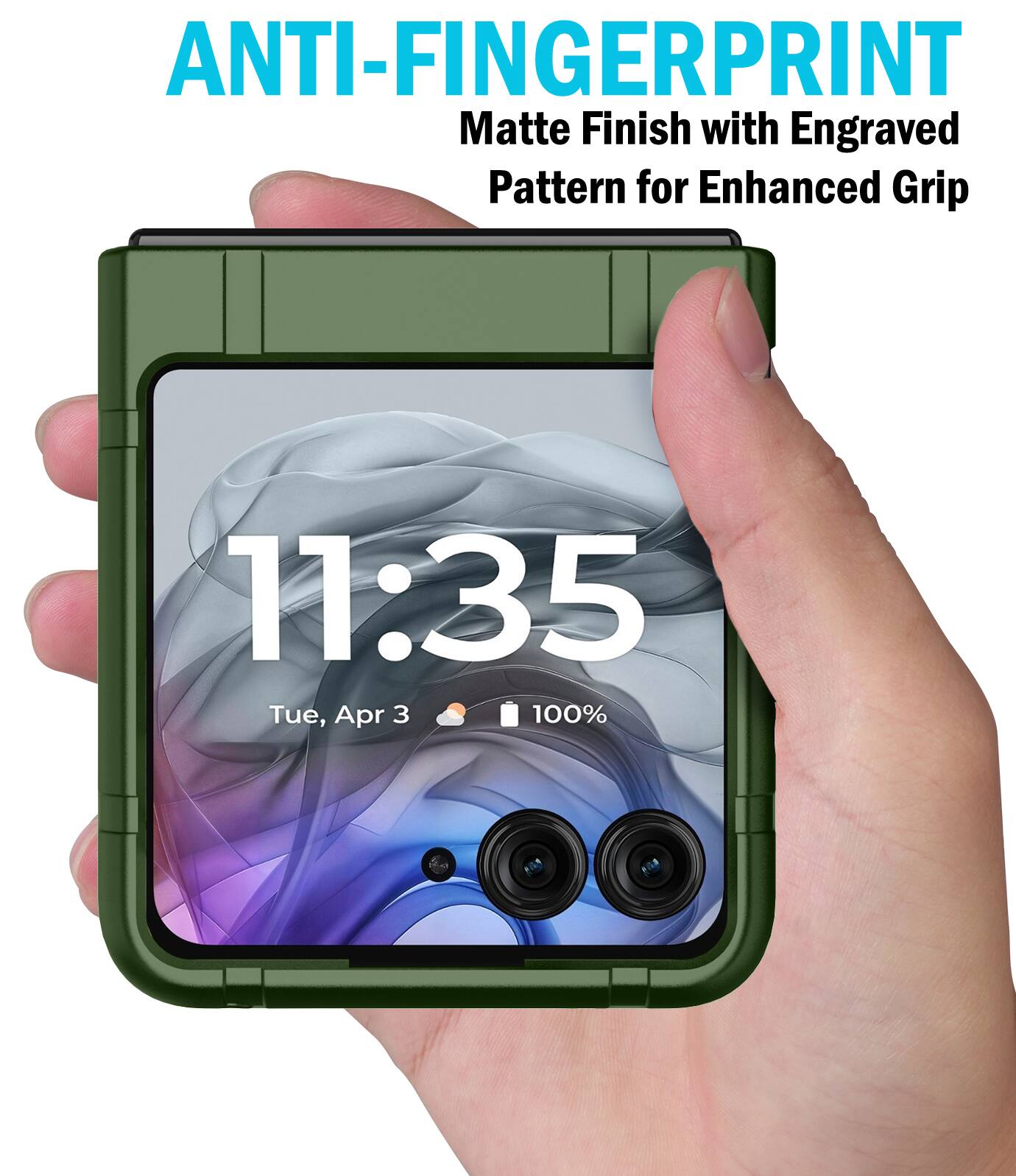 ANTI-FINGERPRINT  
Matte Finish with Engraved Pattern for Enhanced Grip  

11:35  
Tue, Apr 3  
100%
