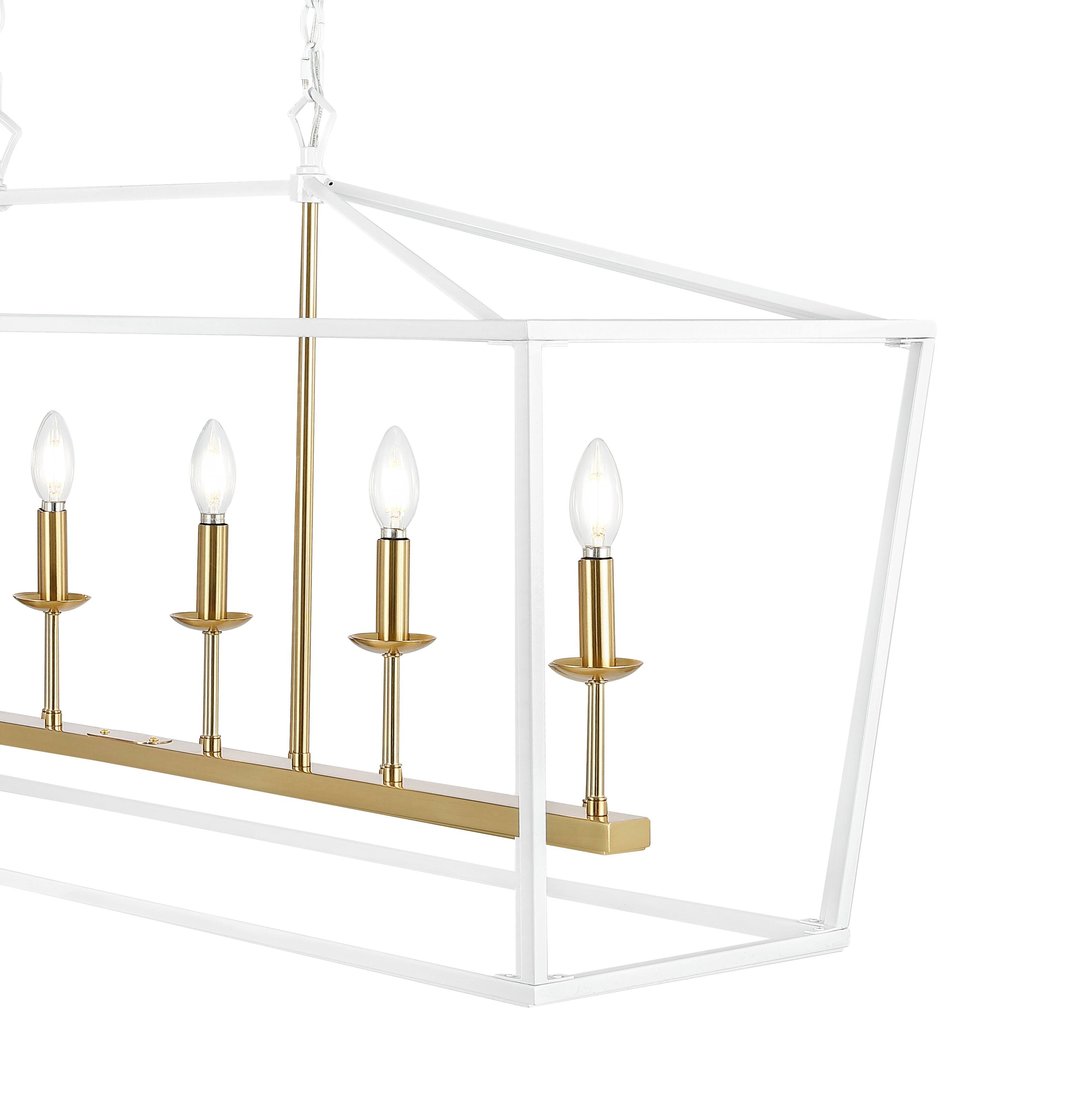 Alt View 4. Jonathan Y - Pagoda 49" 6-Light Classic Traditional Metal Linear Cage Lantern LED Pendant, White/Brass Gold - White.