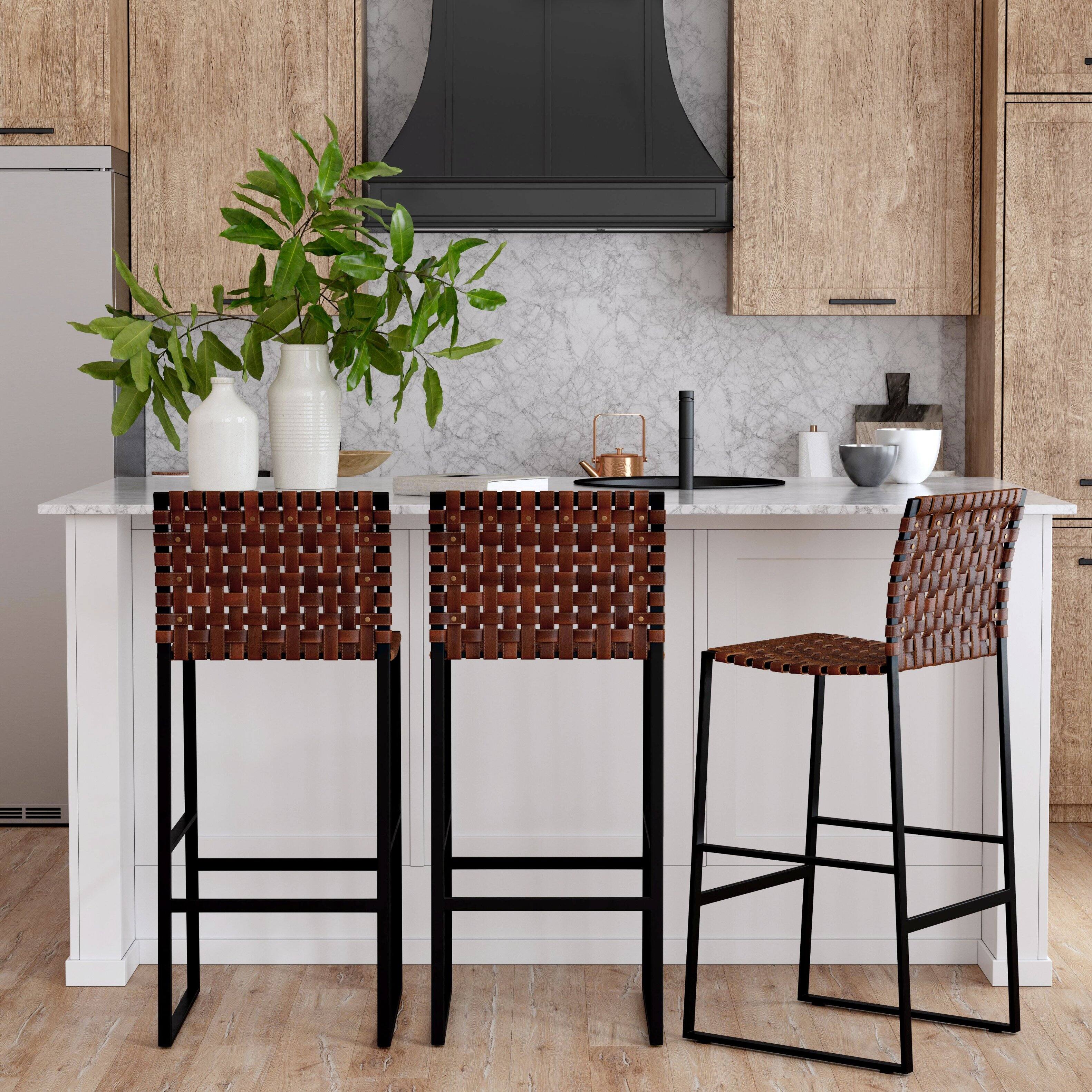 Alt View 1. Butler Specialty - Urban 30 in. Seat Height Rectangular Woven Leather Bar Stool with Back - Medium Brown.