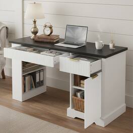 Boyel Living - 55 Inch Fluted Office Desk with Storage Cabinet Drawers and Power Outlet White - Oak