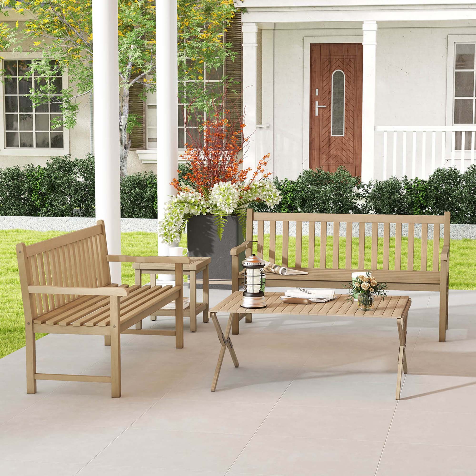 Alt View 3. Costway - 62" Outdoor Teak Wood Bench 3-Person Garden Patio Bench with Backrest - Natural.