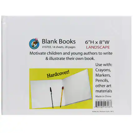 Blank Books
6" H x 8" W
LANDSCAPE
#10703, 14 sheets, 28 pages
Motivate children and young authors to write & illustrate their own book.
Use with:
Crayons, Markers, Pencils, other art materials
Made in China
Ashley, Inc.
Newtown Sq. Pa 19073