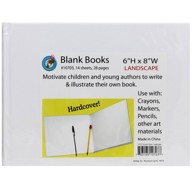 Blank Books  
6" H x 8" W  
LANDSCAPE  
#10703, 14 sheets, 28 pages  

Motivate children and young authors to write & illustrate their own book.  

Use with:  
Crayons, Markers, Pencils, other art materials  

Made in China  

Ashley, Inc.  
Newtown Sq. Pa 19073