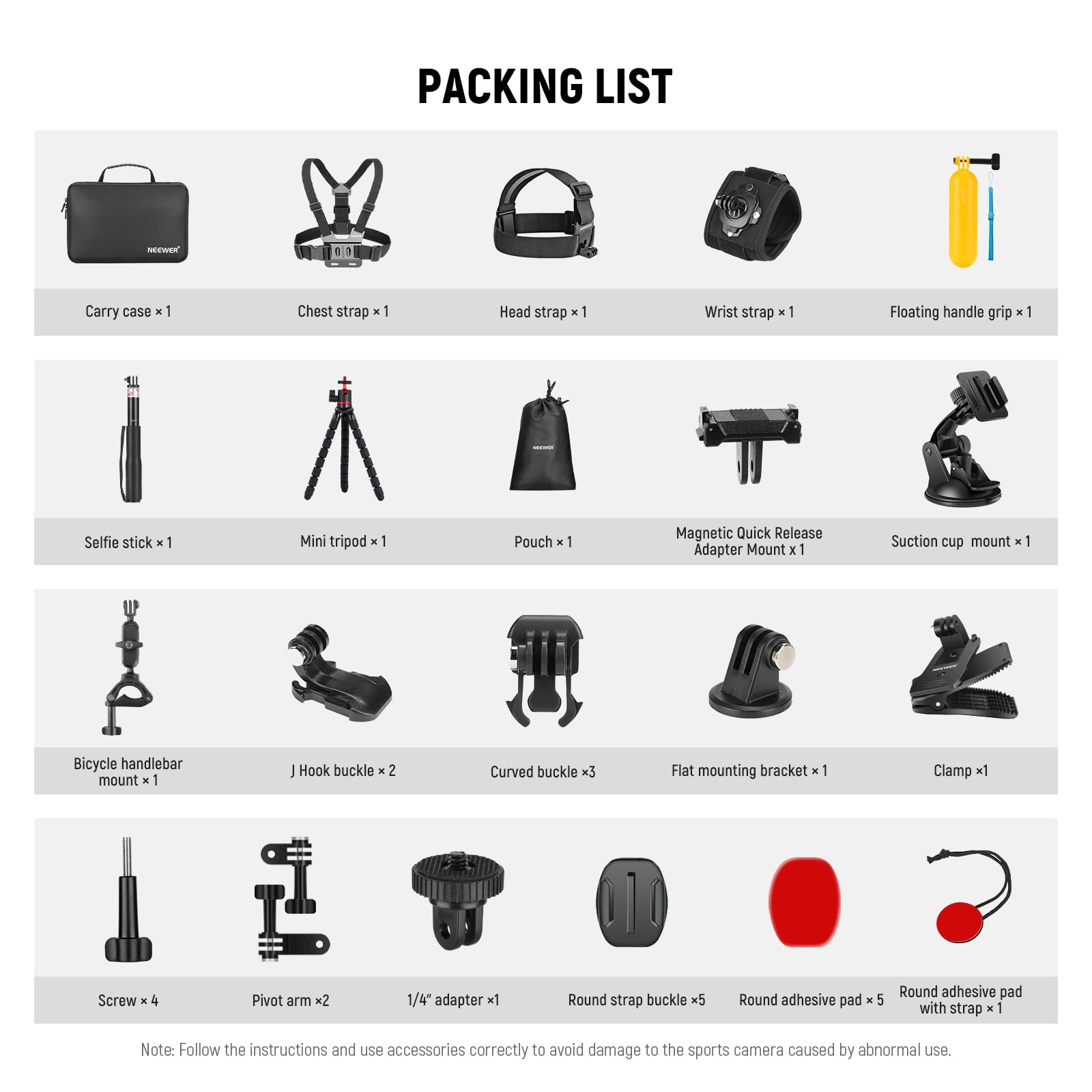 PACKING LIST

- Carry case x 1
- Chest strap x 1
- Head strap x 1
- Wrist strap x 1
- Floating handle grip x 1
- Selfie stick x 1
- Mini tripod x 1
- Pouch x 1
- Magnetic Quick Release Adapter Mount x 1
- Suction cup mount x 1
- Bicycle handlebar mount x 1
- J Hook buckle x 2
- Curved buckle x 3
- Flat mounting bracket x 1
- Clamp x 1
- Screw x 4
- Pivot arm x 2
- 1/4" adapter x 1
- Round strap buckle x 5
- Round adhesive pad x 5
- Round adhesive pad with strap x 1

Note: Follow the instructions and use accessories correctly to avoid damage to the sports camera caused by abnormal use.