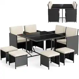 Costway - 9 PCS Patio Dining Set with Tempered Glass Table & Ottoman Removable Cushions - Off-White