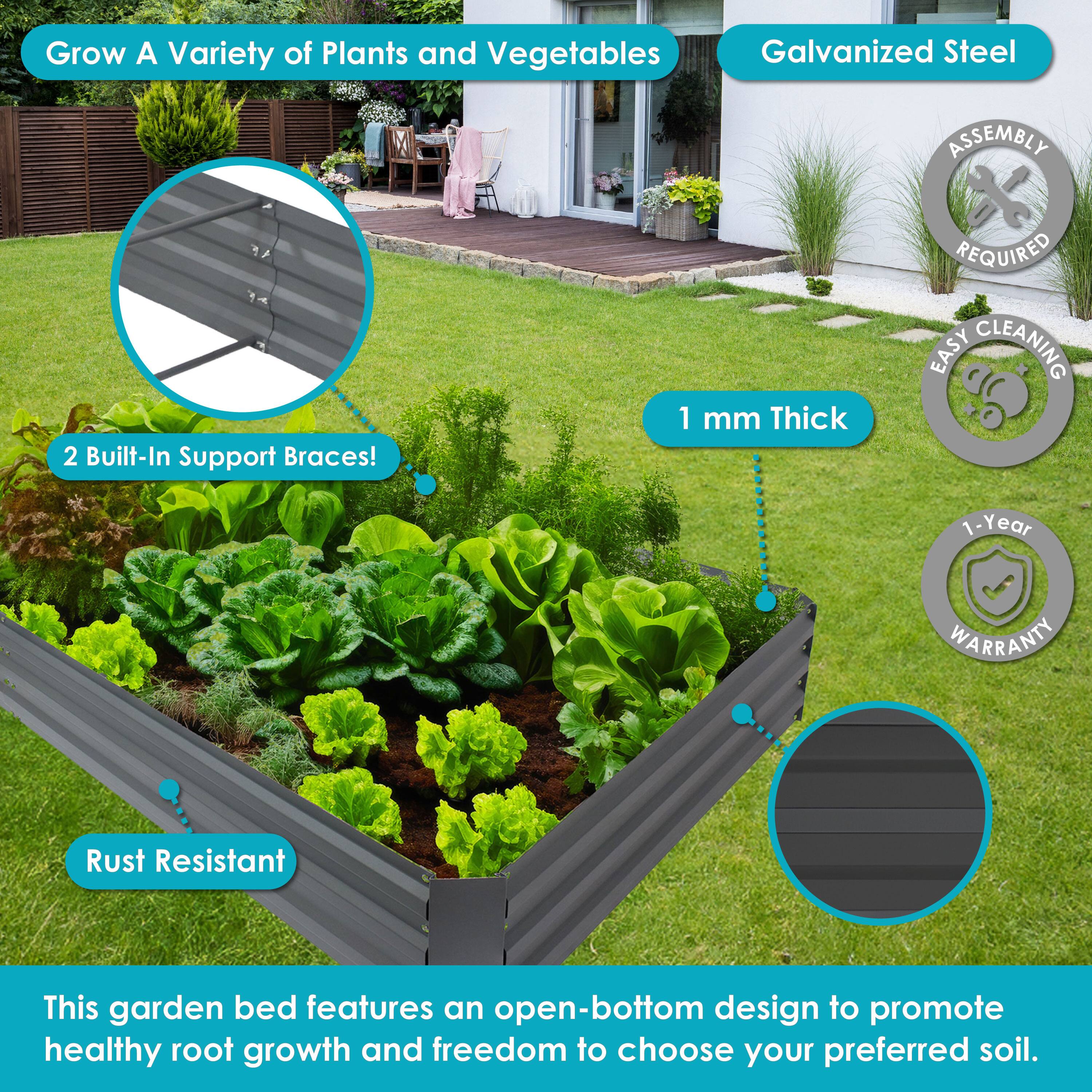 - Grow A Variety of Plants and Vegetables
- Galvanized Steel
- 2 Built-In Support Braces!
- 1 mm Thick
- Rust Resistant
- Assembly Required
- Easy Cleaning
- 1-Year Warranty
- This garden bed features an open-bottom design to promote healthy root growth and freedom to choose your preferred soil.