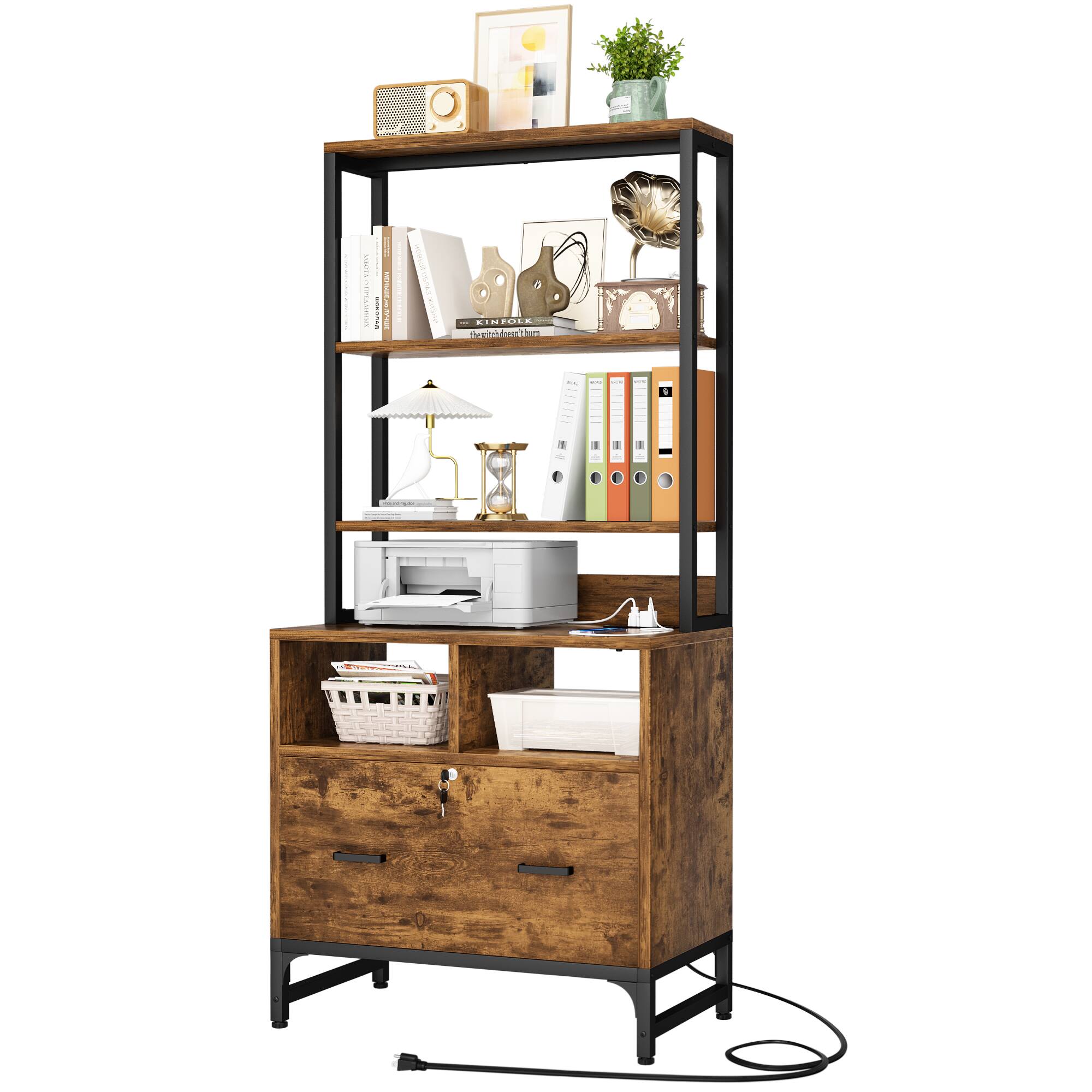 Alt View 1. Aheaplus - Vertical File Cabinet with Charging Station, Lock & Large Drawer - Printer Stand, Shelves for Letter/A4/Legal - Rustic Brown.