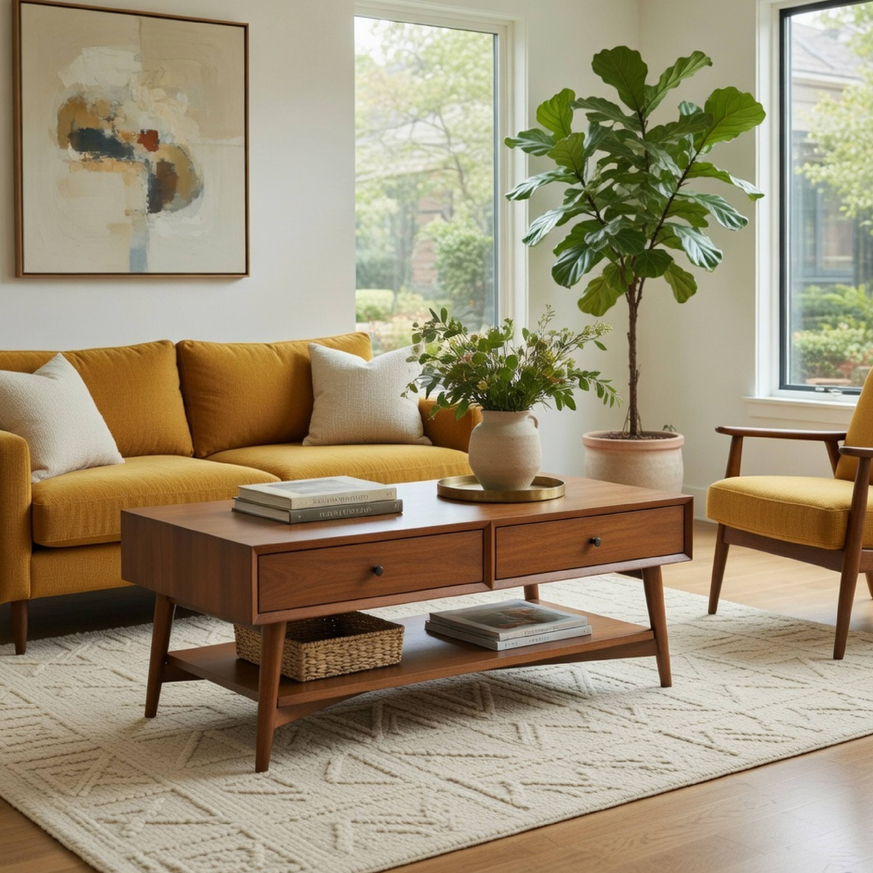 Alt View 4. Manhattan Lane - Ian Coffee Table, 2 Drawers and Shelf, 48 Inch Rectangular - Chestnut Brown, Nickel.