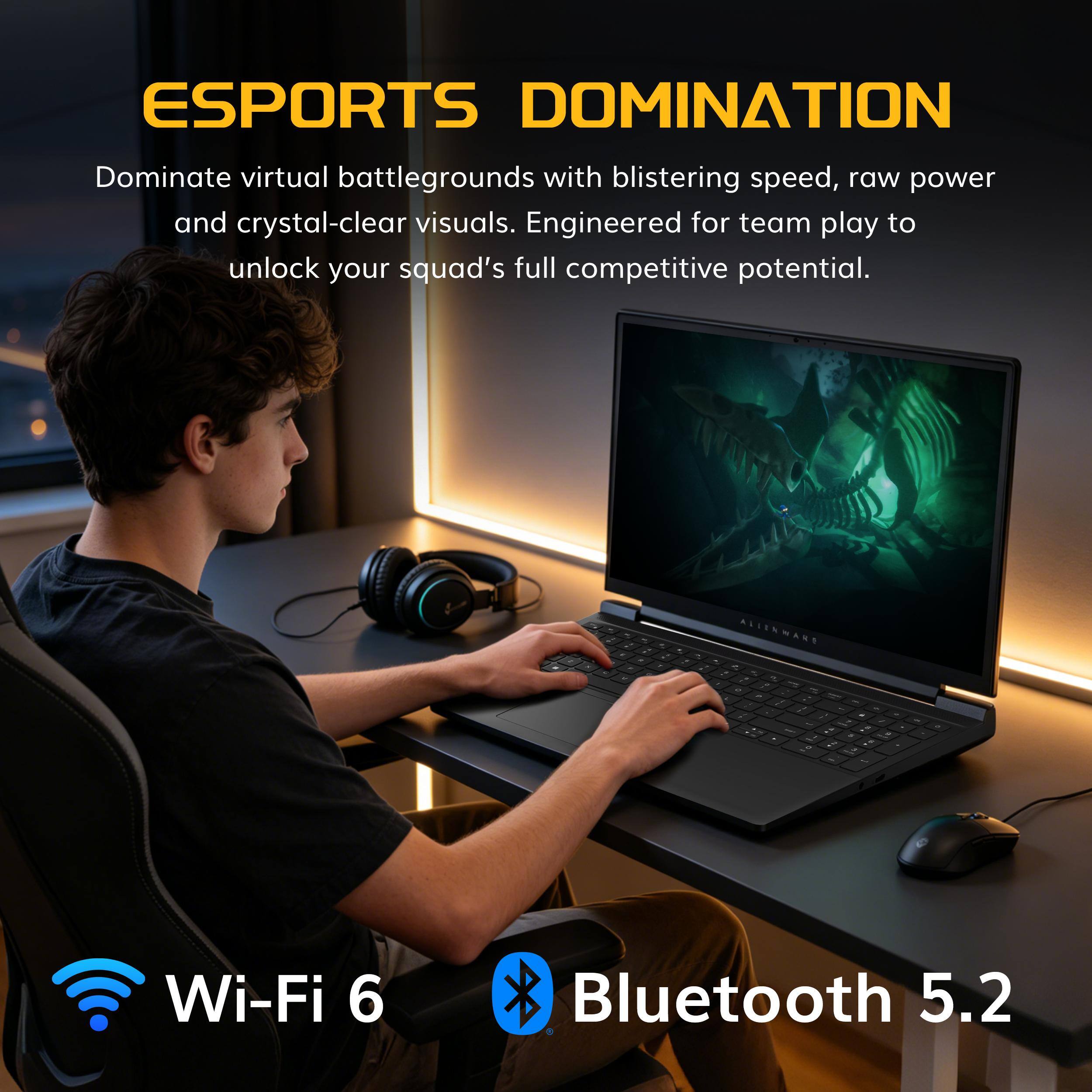ESPORTS DOMINATION

Dominate virtual battlegrounds with blistering speed, raw power and crystal-clear visuals. Engineered for team play to unlock your squad's full competitive potential.

ALIENWARE

Wi-Fi 6 Bluetooth 5.2