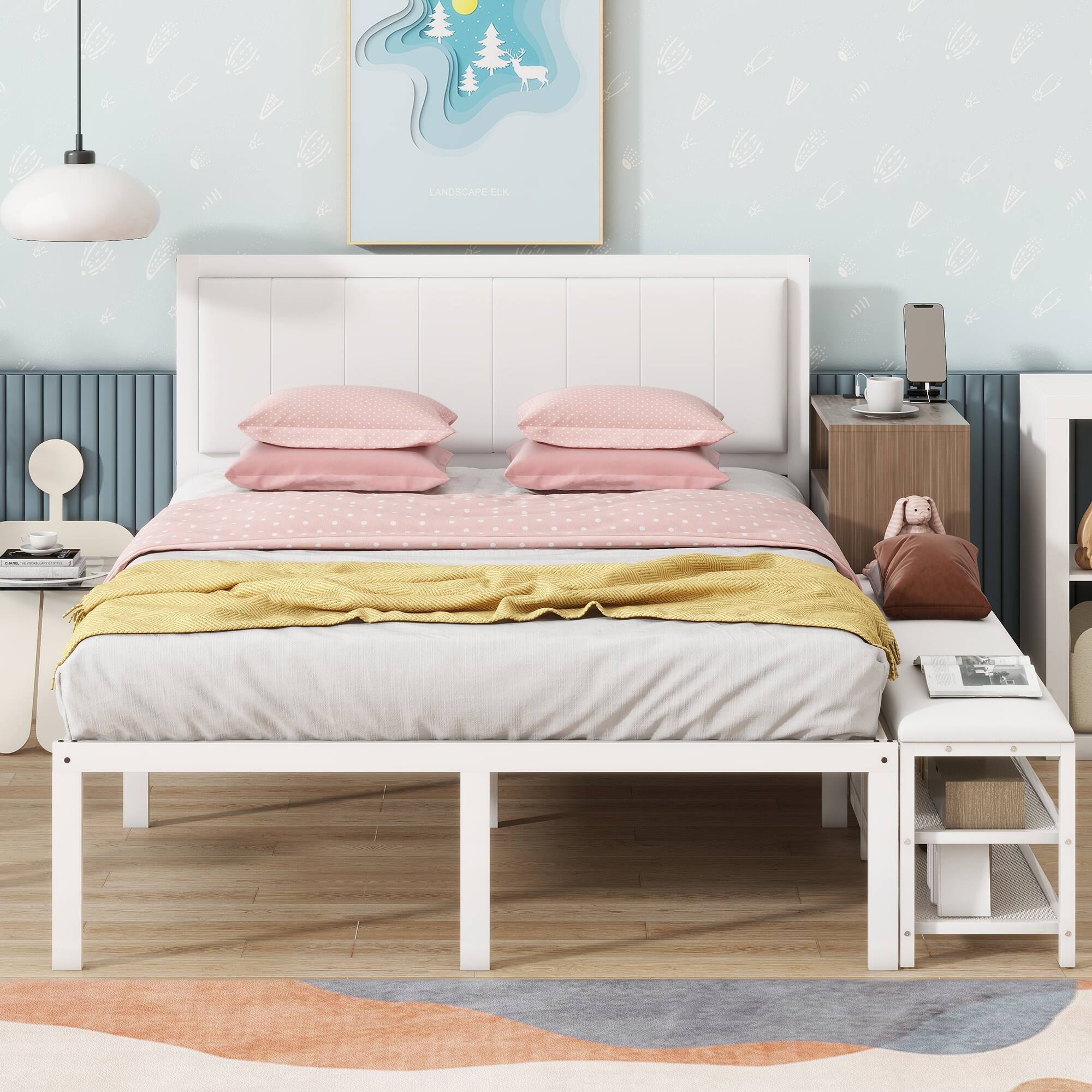 Angle. Tiramisubest - Full size Metal Platform Bed with Two-Tier Storage Shelves, Wooden Storage Cabinet, White - White.