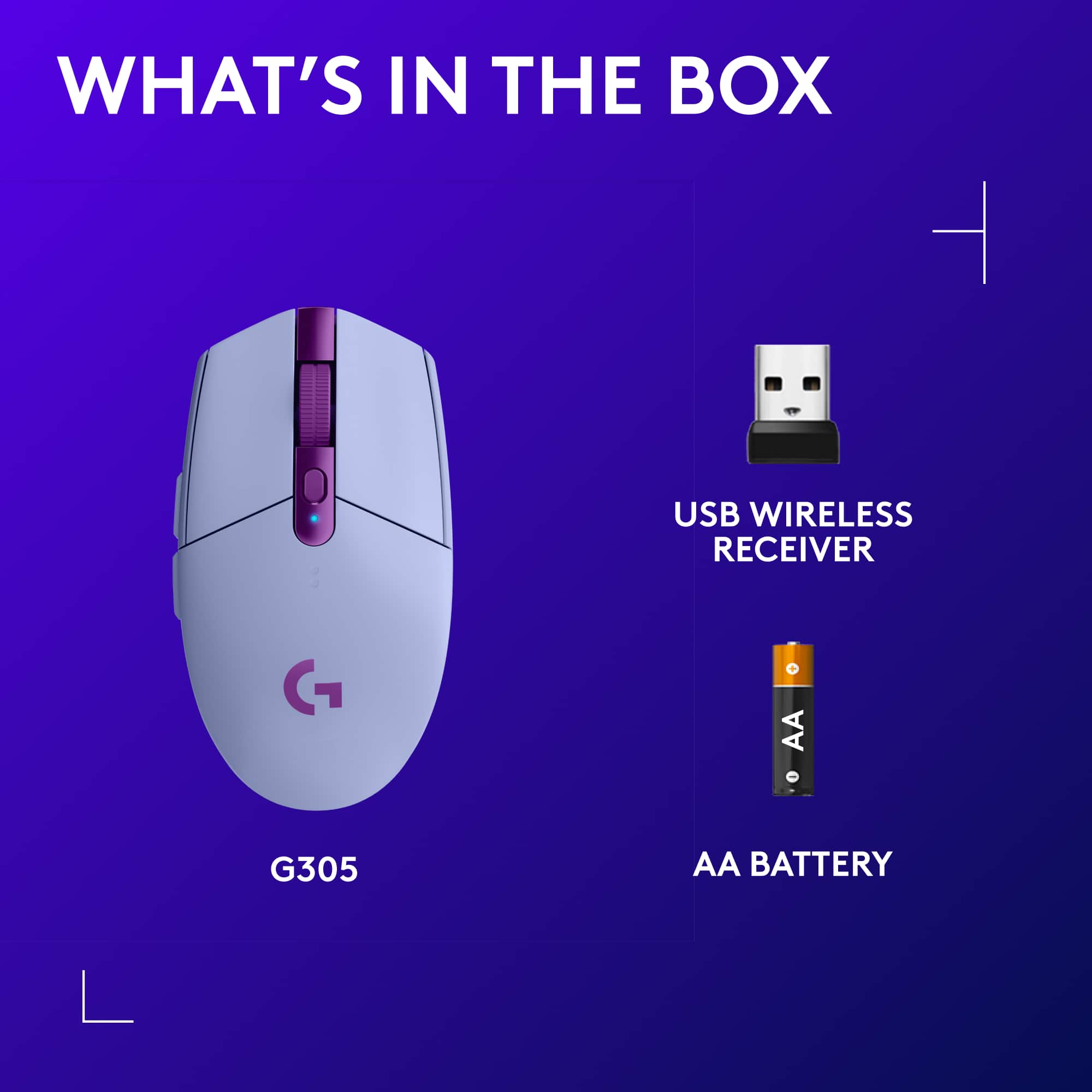 What's in the box - USB wireless receiver, G305, AA battery.