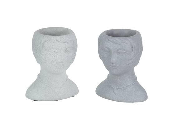 Front. Things2Die4 - Set of 2 Roaring 20's Flapper Lady Gray Concrete Head Mini Planter 6 Inches Tall - Multicolored.