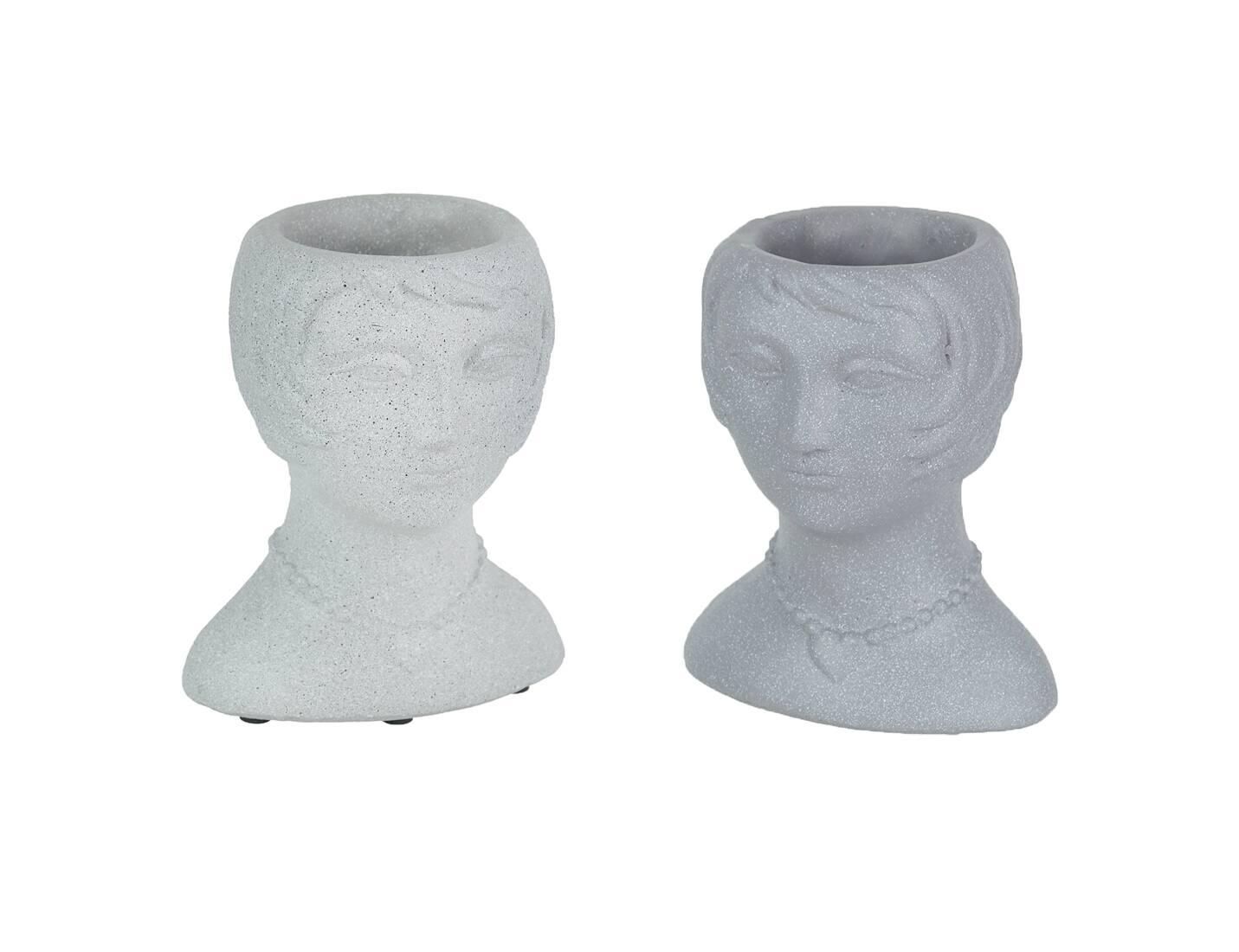 Front. Things2Die4 - Set of 2 Roaring 20's Flapper Lady Gray Concrete Head Mini Planter 6 Inches Tall - Multicolored.