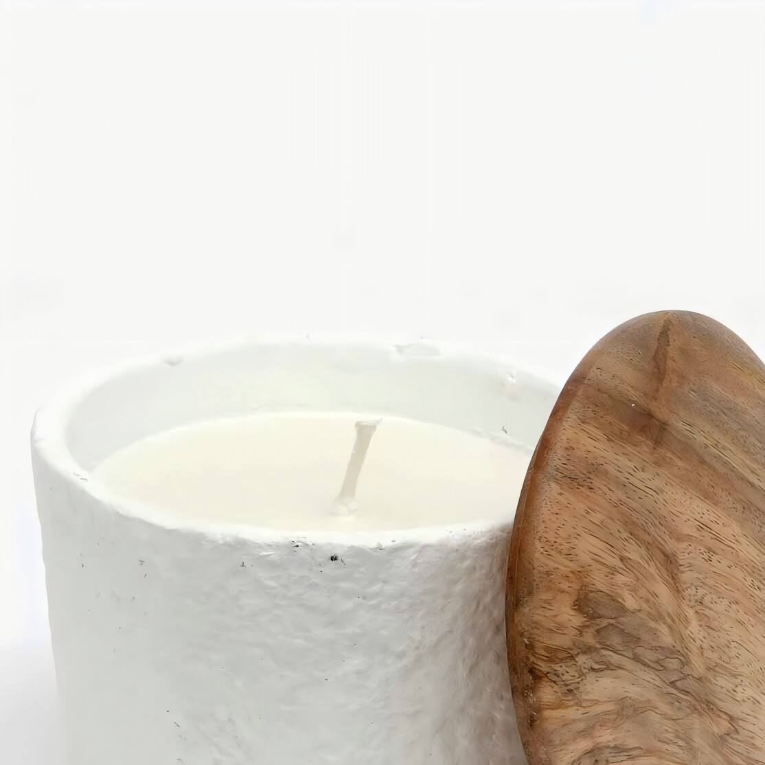 Angle. TinyHomie - Jar Candle Ecomix Wax Wooden Lid Mimosa 7oz.