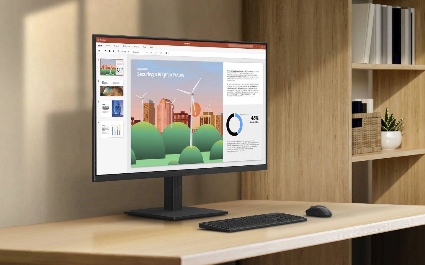 "Powering a brighter future" is displayed on the monitor screen.