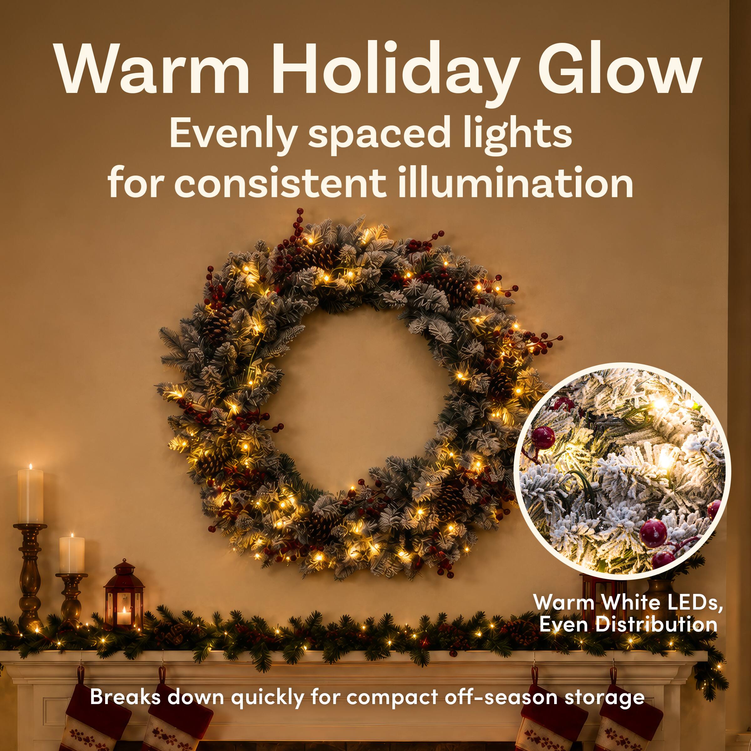 Warm Holiday Glow  
Evenly spaced lights for consistent illumination  

Warm White LEDs, Even Distribution  

Breaks down quickly for compact off-season storage