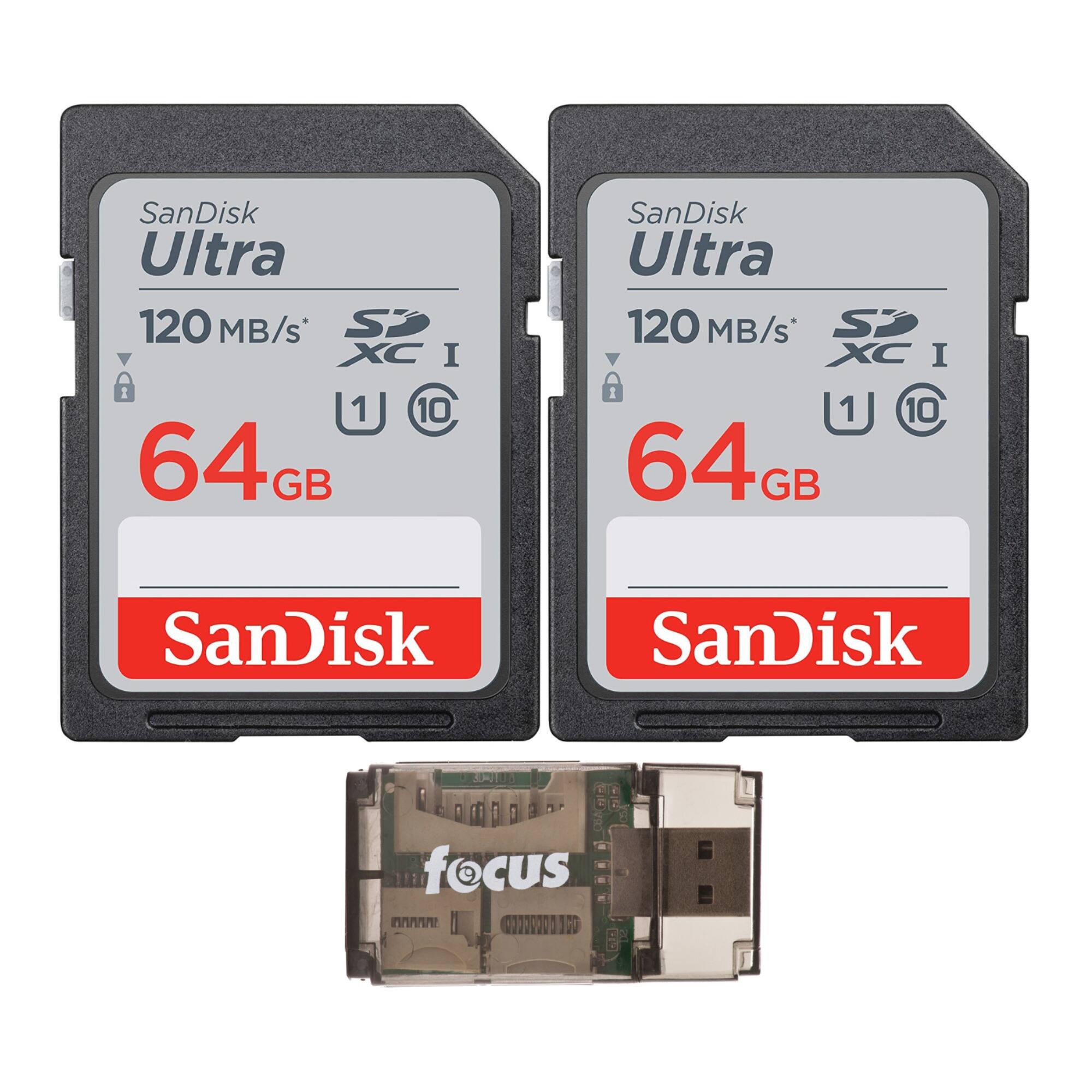 SanDisk - 64GB 120MB/S Ultra UHS-I SDXC Memory Card (2-Pack) with Card Reader