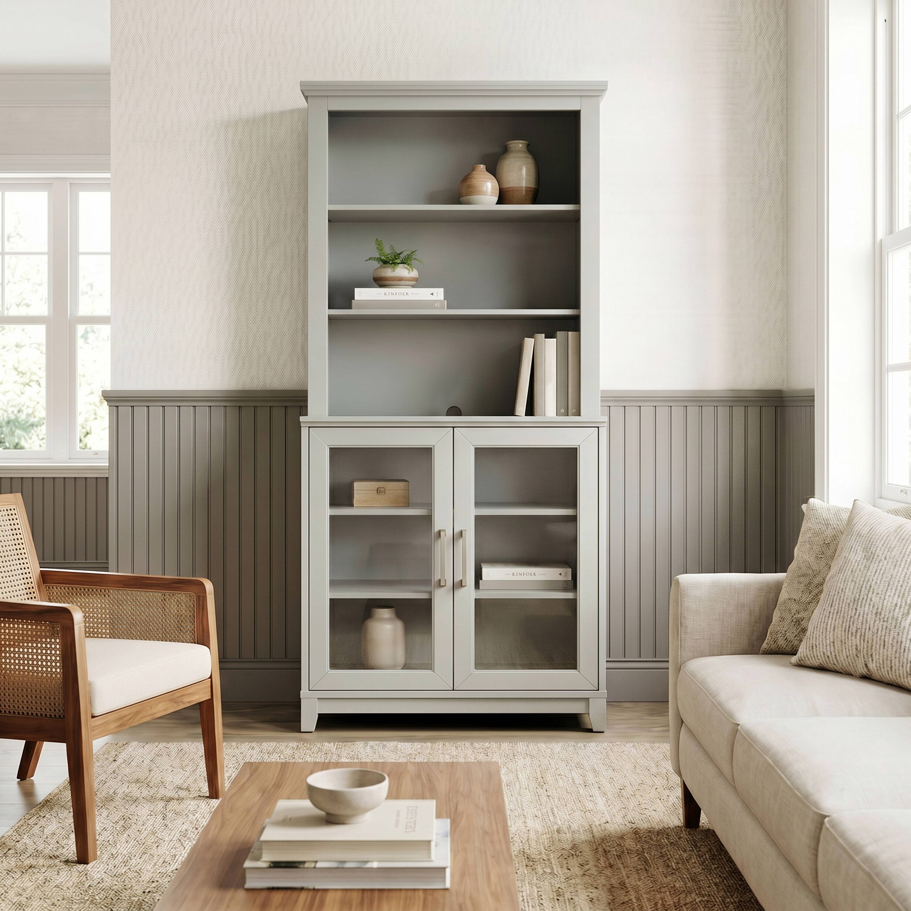 Alt View 5. Martha Stewart - Bedford 2-Piece Modular Wood Cabinet and Hutch Set, Premium Hardware, Open Top Shelves, Soft-Close Glass Doors - Bedford Gray/Brushed Stainless Steel Hardware.