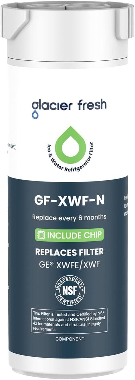 glacier fresh (rrc) Ice Filter & Water Refrigerator GF-XWF-N Replace every 6 months INCLUDE CHIP REPLACES FILTER GEO R XWFE/XWF This Filter is Tested and Certified by NSF International against NSF/ANSI Standard 42 for materials and structural integrity requirements. COMPONENT
