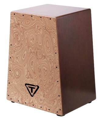 Front. Tycoon Percussion - Cajon, Pyramid Shape Improves Ergonomics & Comfort, Makah-Burl Front Plate, Handcrafted Siam Oak Body.