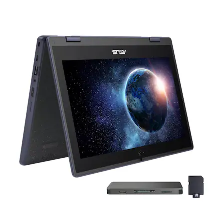 Front. ASUS - ASUS 11.6" 2-in-1 Touch Laptop,Intel Celeron N100,4GB RAM,128GB SSD+1TB Dock Set,UHD Graphics,Win 11 Pro,Gray - Gray.