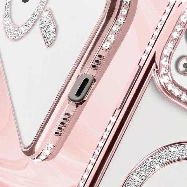 Left. Entronix - Entronix Magnetic Case for iPhone 15 Plus - Clear Back with Luxury Diamonds - Black.