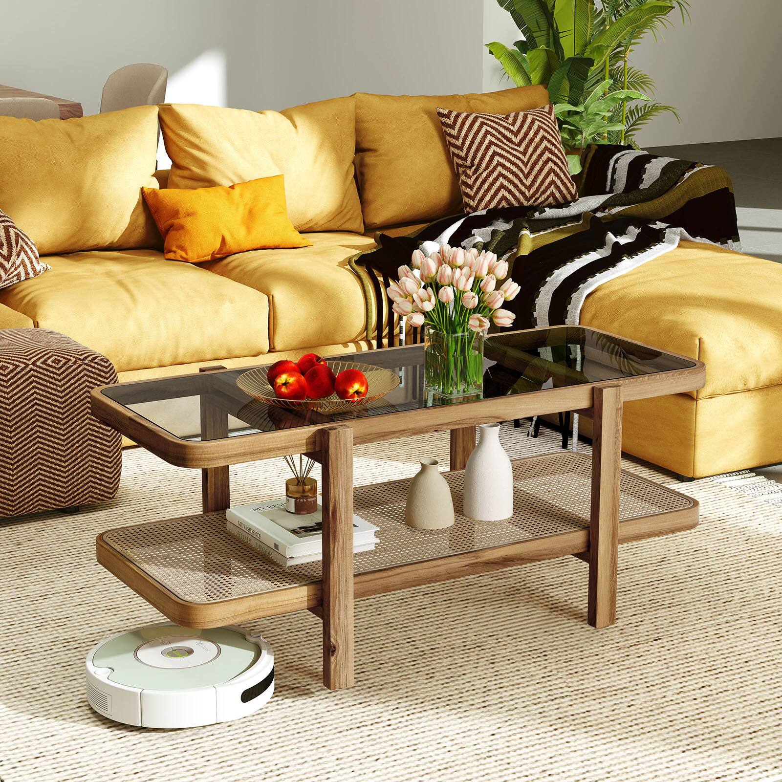 Alt View 1. Ecooso - 2-Tier Coffee Table with Storage and Tempered Glass Tabletop, Modern Rectangular Center Table - Brown.