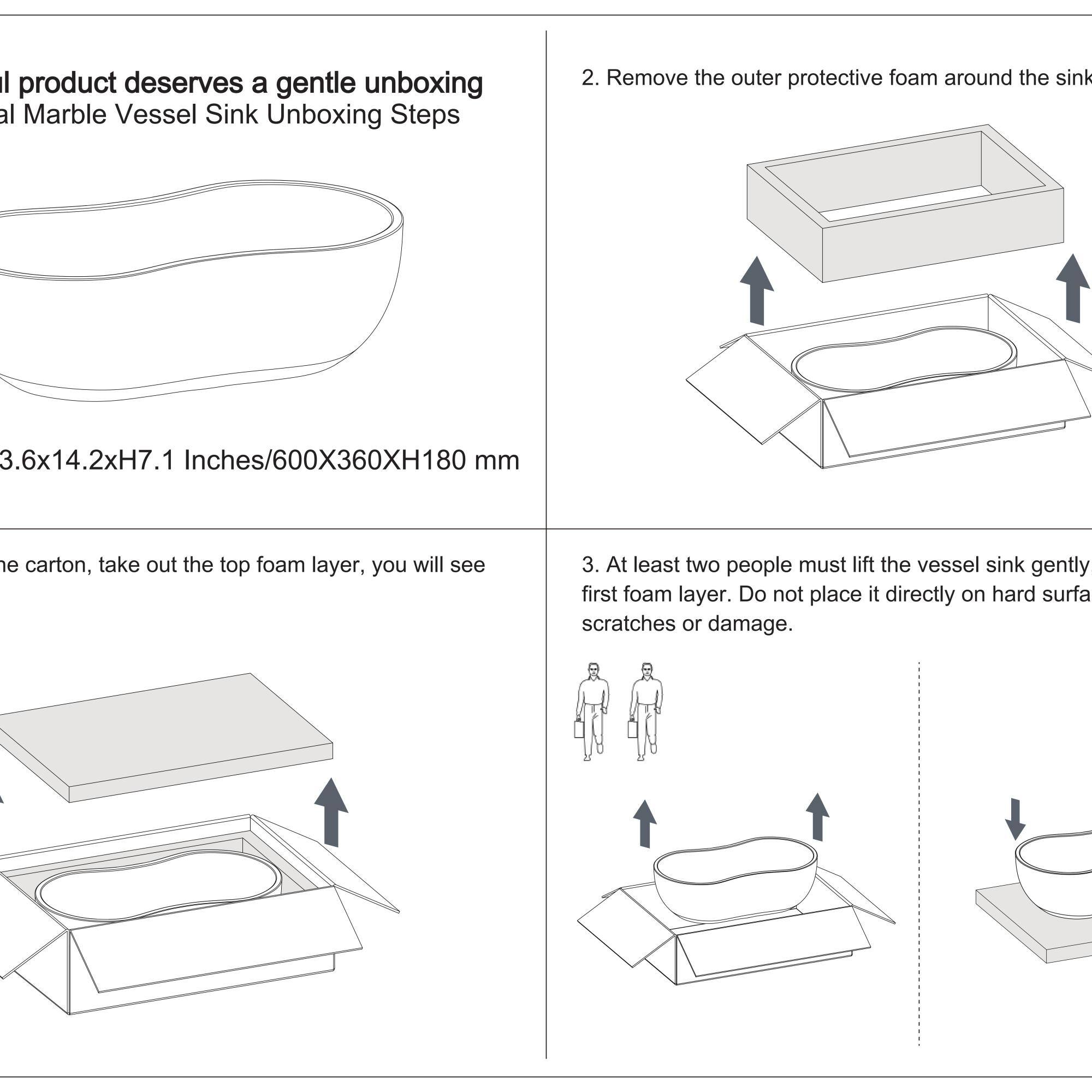 Certainly! Here is the corrected and grouped text:

---

**Marble Vessel Sink Unboxing Steps**

1. **Remove the outer protective foam around the sink**

   - 3.6x14.2xH7.1 Inches/600X360XH180 mm

2. **At least two people must lift the vessel sink gently first foam layer. Do not place it directly on hard surface to avoid scratches or damage.**

   - The carton, take out the top foam layer, you will see

---

This text is now properly grouped and corrected for clarity.