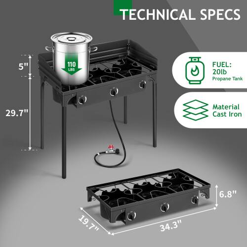 TECHNICAL SPECS

- FUEL: 20lb Propane Tank
- Material: Cast Iron
- Dimensions: 5" (height), 29.7" (width), 19.7" (depth), 34.3" (length)
- Grill Surface: 6.8"