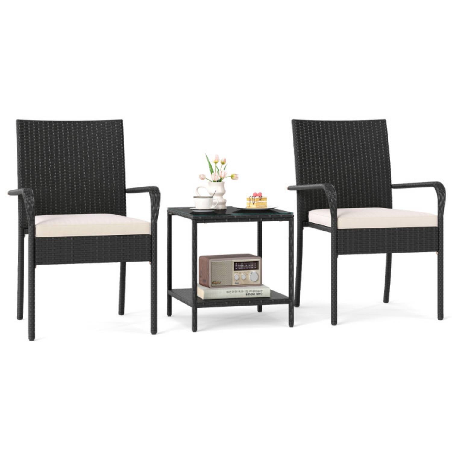 Alt View 3. Mondawe - 23 x 22.5 x 35 IN Freestanding Patio Bistro Set with Table and Cushions 3-Piece - White+Black.