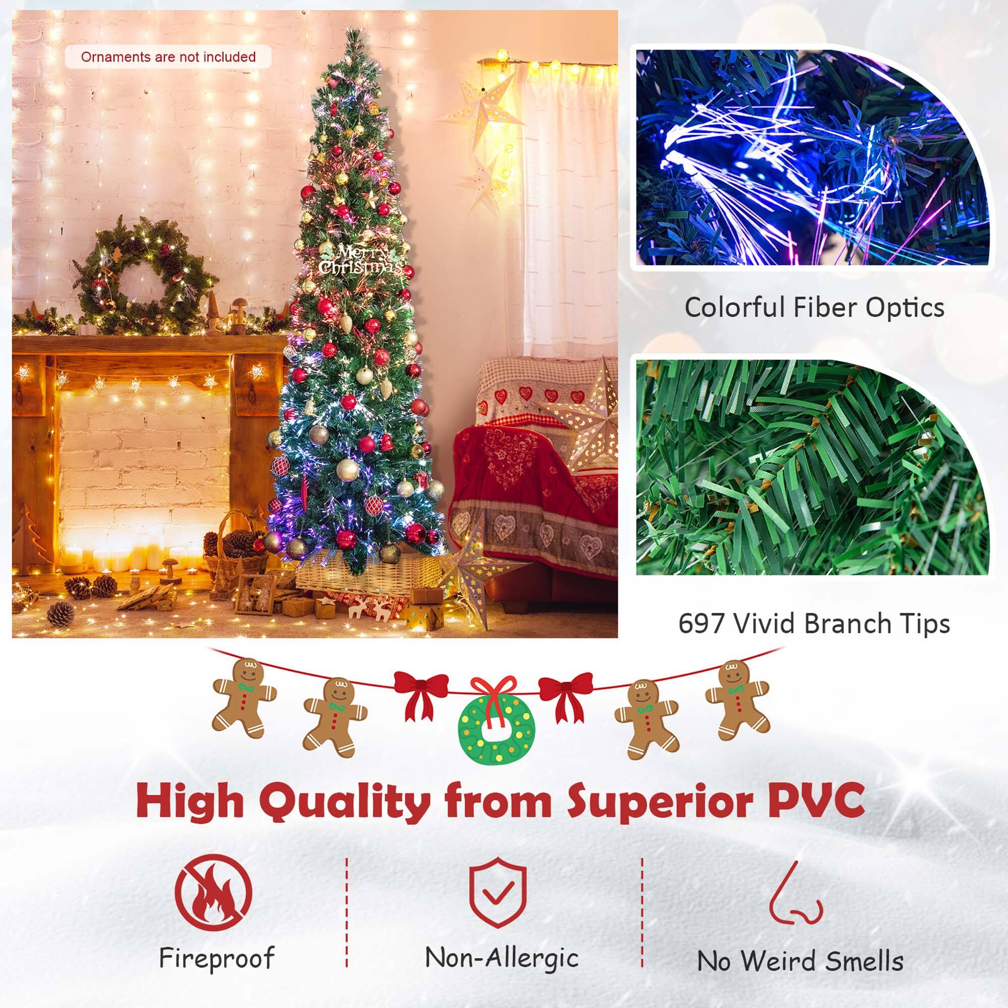 "Ornaments are not included. Merr Christmas! Colorful Fiber Optics. 697 Vivid Branch Tips. High Quality from Superior PVC. Fireproof. Non-Allergic. No Weird Smells."