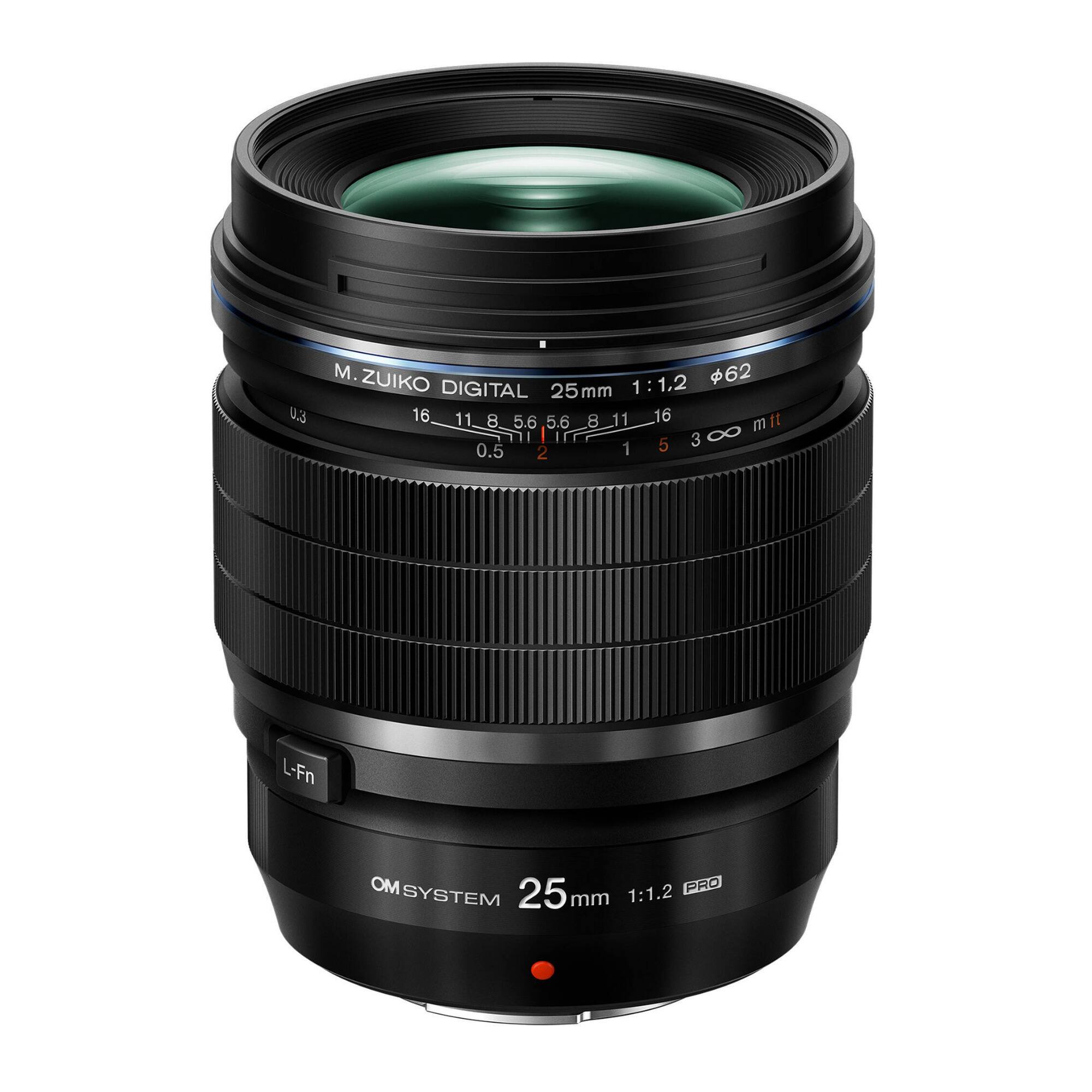 M.ZUIKO DIGITAL  
25mm 1:1.2  
Φ62  
16 11 8 5.6 5.6 B  
0.3 0.5  
1 5 3 ∞  
L-Fn  
OM SYSTEM  
25mm 1:1.2 PRO