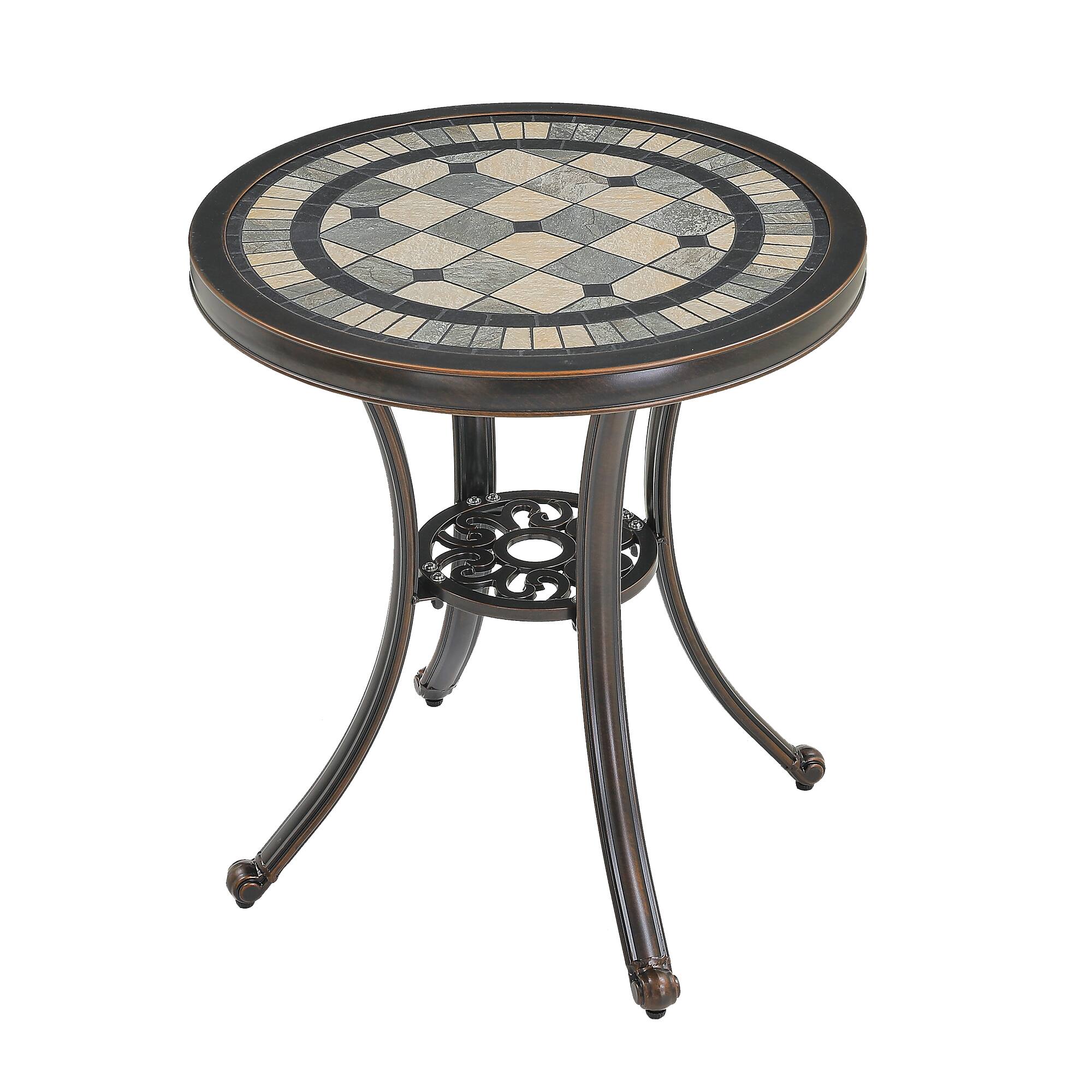 Mondawe - Outdoor Cast Aluminum Round Table with Tiled Lattice Top - Bronze