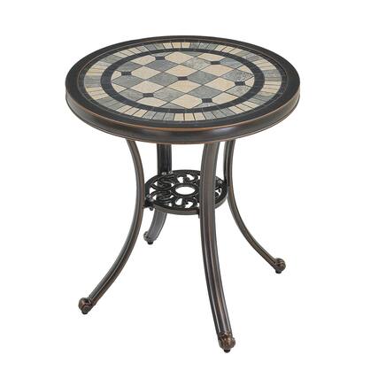 Front. Mondawe - Outdoor Cast Aluminum Round Table with Tiled Lattice Top - Bronze.