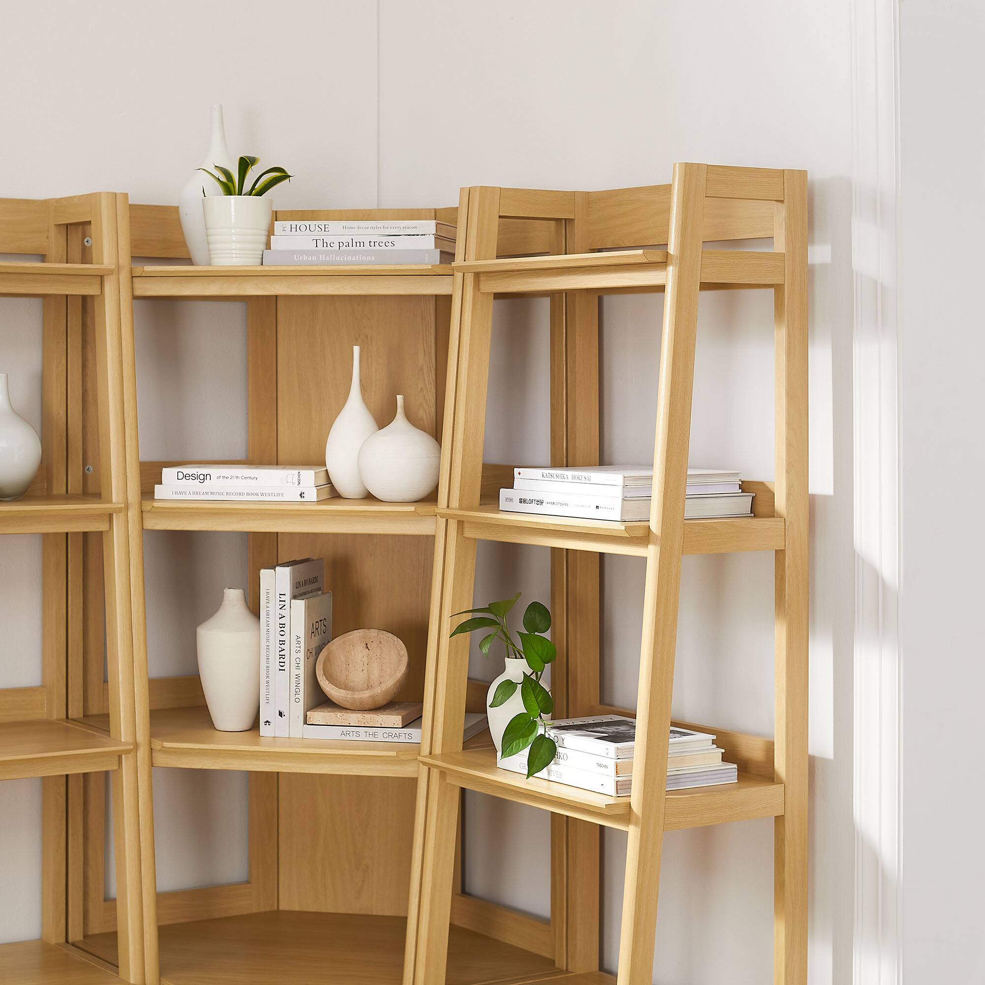 Sure, here is the corrected and grouped text from the image:

1. **Top Shelf:**
   - HOUSE
   - The palm trees
   - Urban Hallucination

2. **Second Shelf:**
   - Design
   - LINABO
   - ARTS
   - THE CRAFTS

3. **Third Shelf:**
   - LINABO
   - ARTS
   - THE CRAFTS

4. **Bottom Shelf:**
   - (No visible text on books)