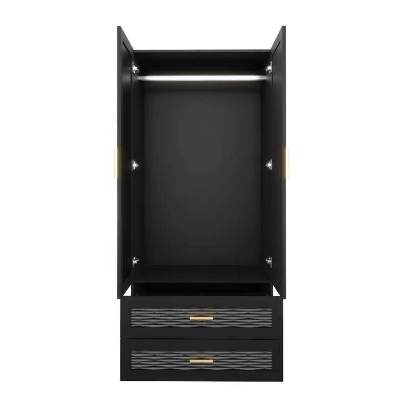 Angle. Hivvago - Black Wardrobe Armoire Cabinet with Mirror Hanging Rod and Storage Drawers - Black.