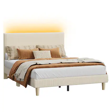 Front. Bestier - Queen Size Upholstered Bed Frame with LED Lights, Adjustable Headboard - Off White.