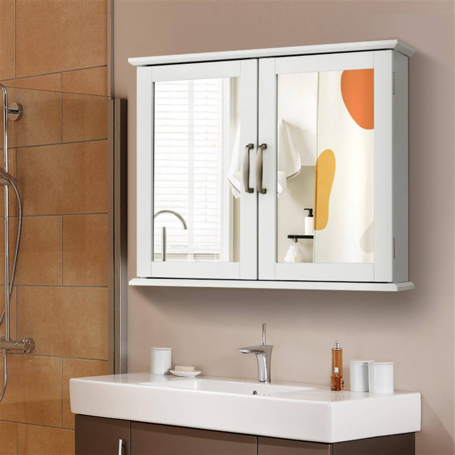 Alt View 2. Pefilos - 2-Tier Bathroom Wall Cabinet, Over The Toilet Space Saver Storage Cabinet, Medicine Cabinet with 2 Mirror and Shelves - White.